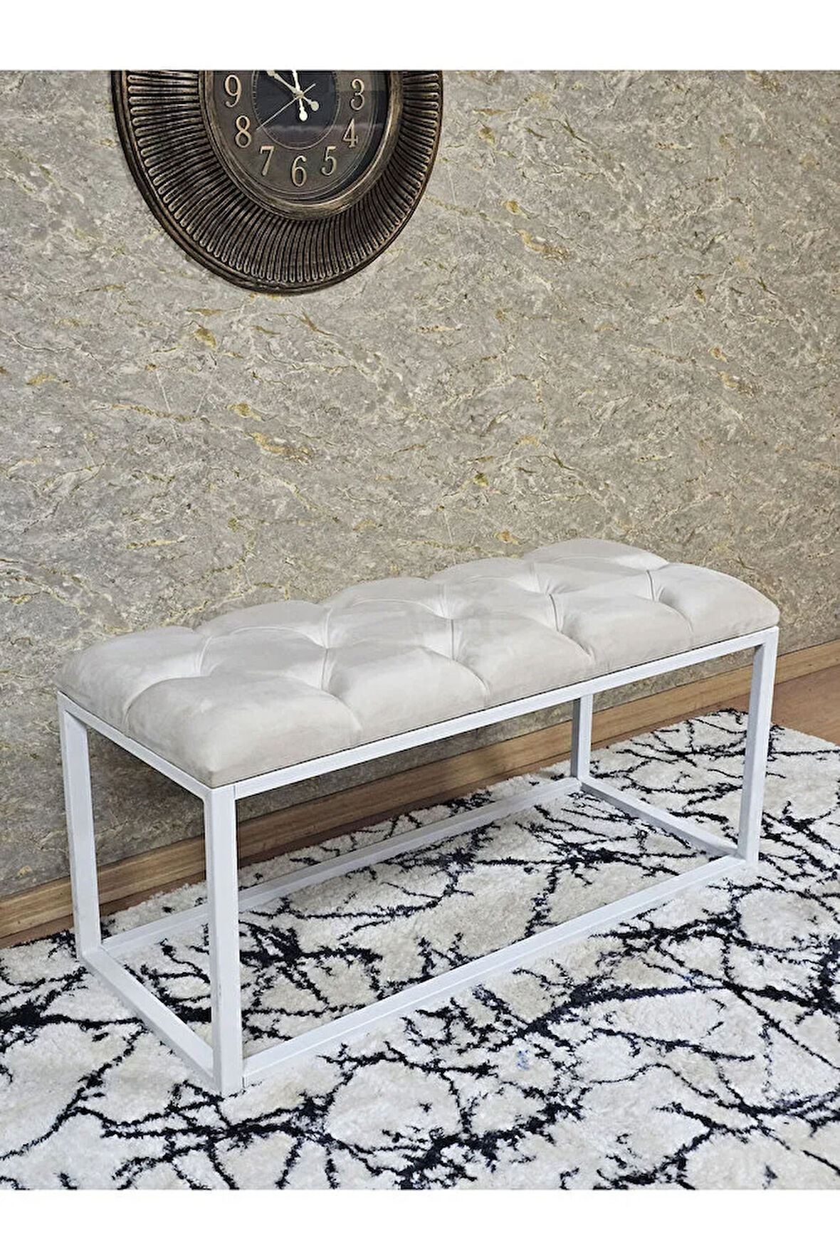 Beyaz Boyalı Diktörtgen 100 cm x 40 cm Oturak Puf - Bench - Makyaj Oturağı - Oturak Krem Renk 100 x 40 Boyut/Ebat