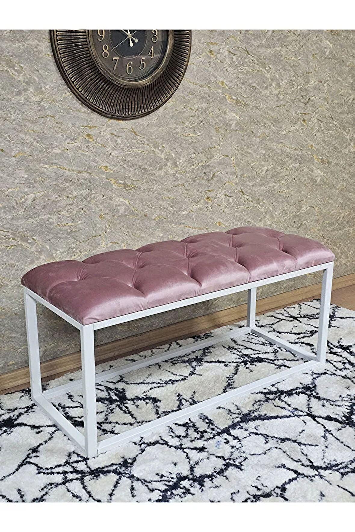 Beyaz Boyalı Diktörtgen 100 cm x 40 cm Oturak Puf - Bench - Makyaj Oturağı - Oturak Pembe Renk 100 x 40 Boyut/Ebat