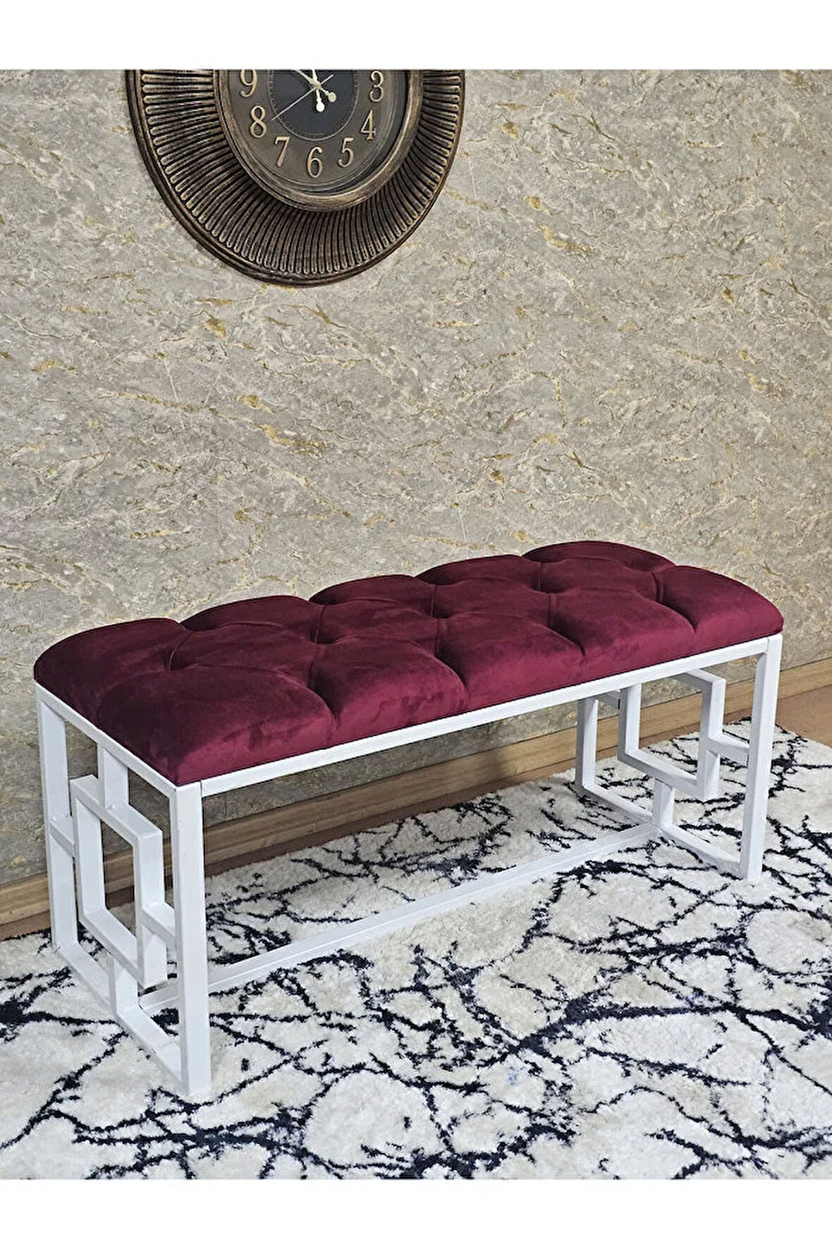 Beyaz Boyalı İçi Kareli Diktörtgen 100 cm x 40 cm Oturak Puf - Bench - Makyaj Oturağı - Oturak Bordo Renk 100 x 40 Boyut/Ebat