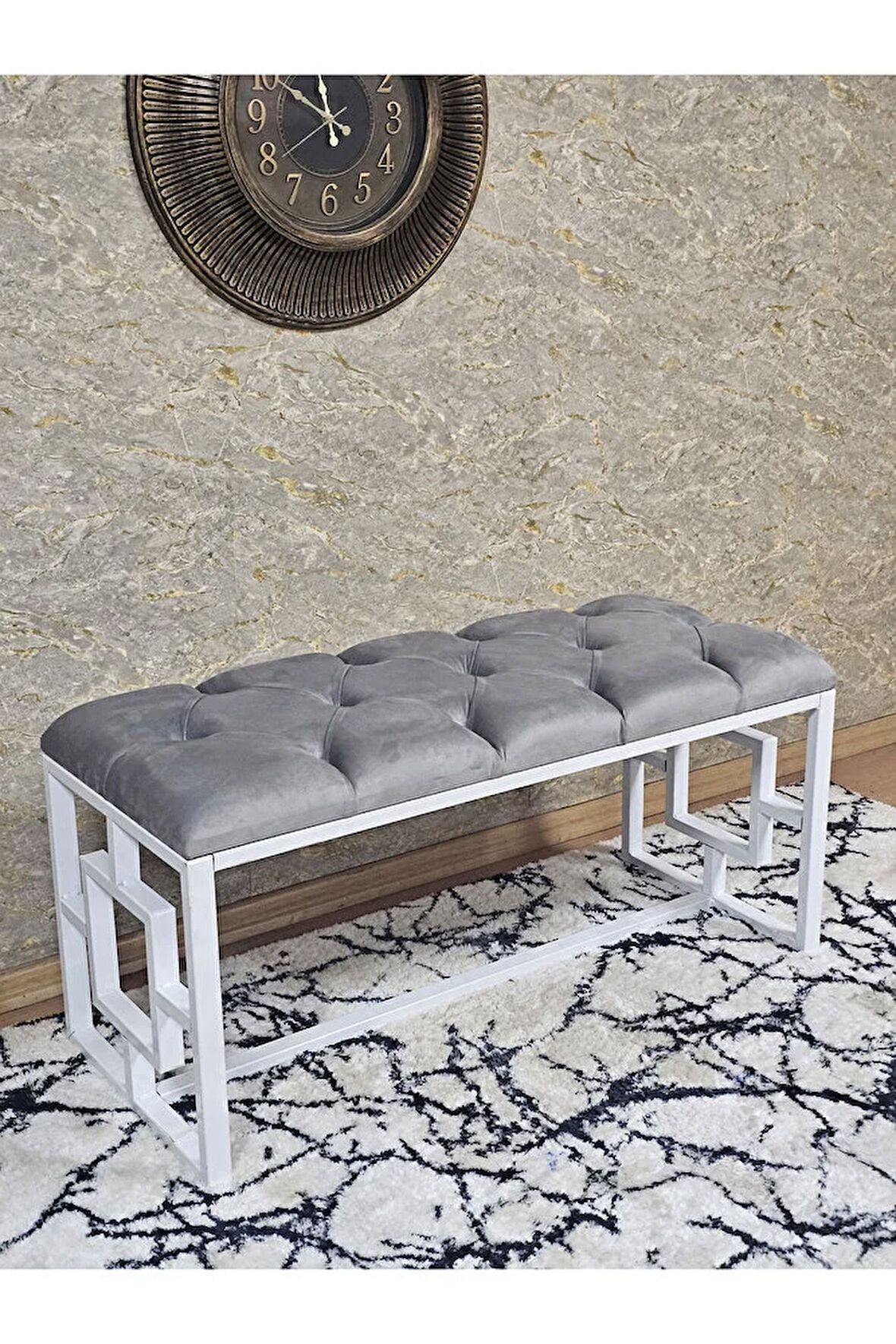 Beyaz Boyalı İçi Kareli Diktörtgen 100 cm x 40 cm Oturak Puf - Bench - Makyaj Oturağı - Oturak Gri Renk 100 x 40 Boyut/Ebat