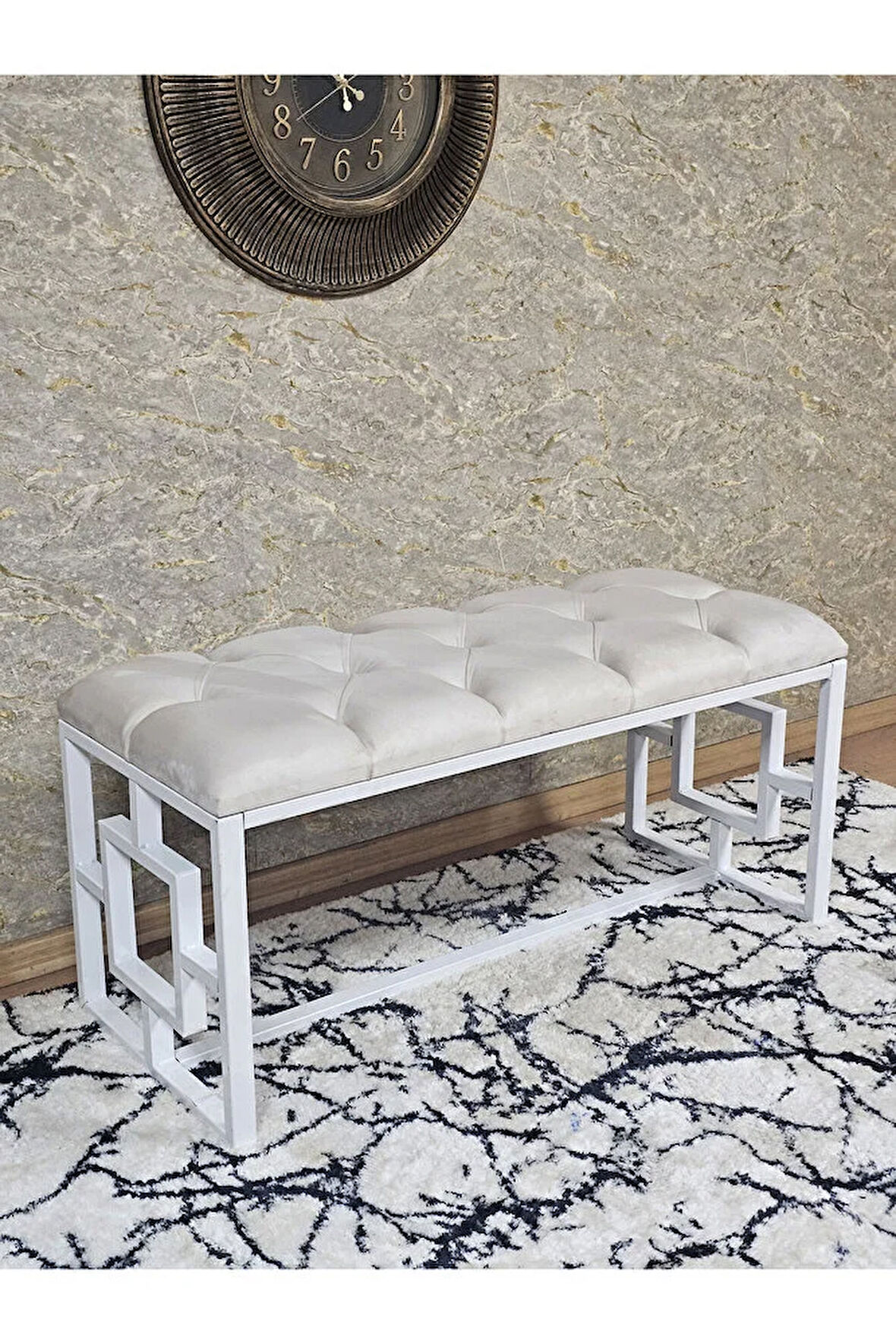 Beyaz Boyalı İçi Kareli Diktörtgen 100 cm x 40 cm Oturak Puf - Bench - Makyaj Oturağı - Oturak Krem Renk 100 x 40 Boyut/Ebat