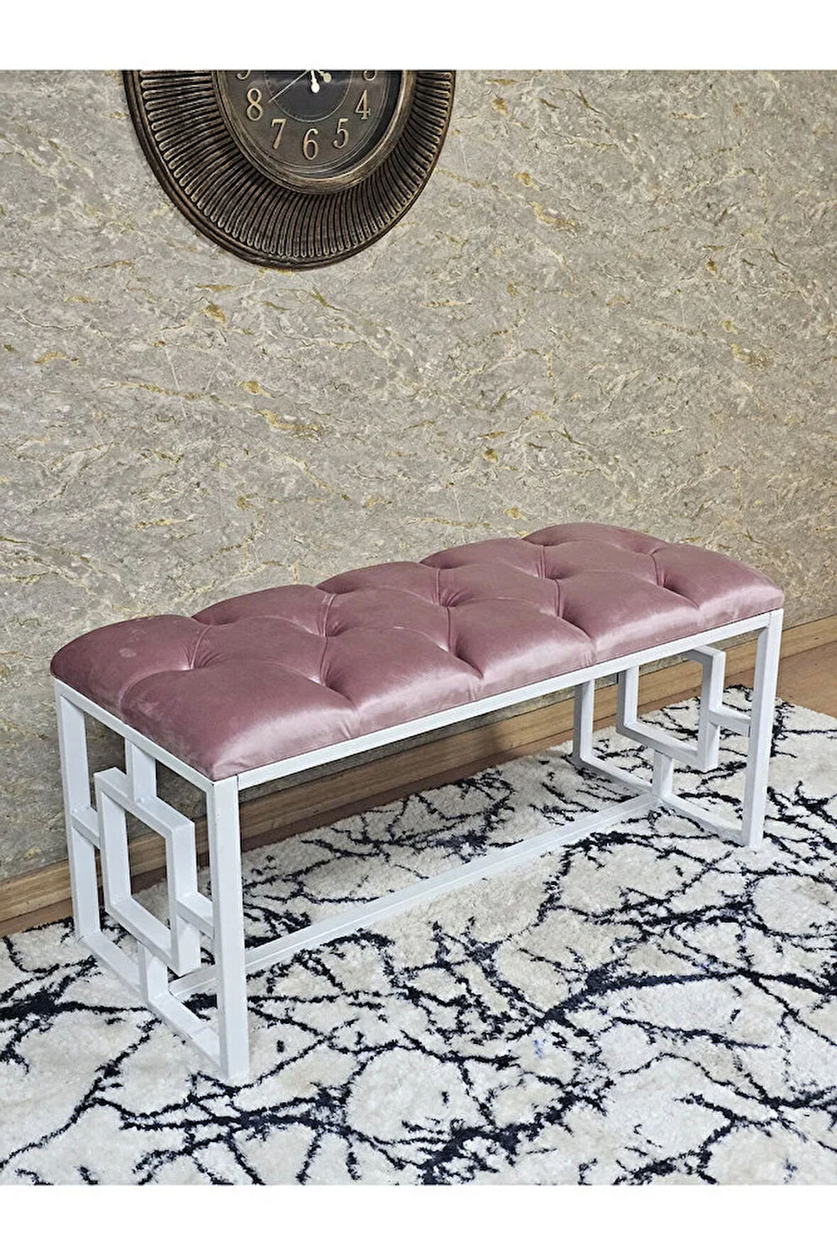Beyaz Boyalı İçi Kareli Diktörtgen 100 cm x 40 cm Oturak Puf - Bench - Makyaj Oturağı - Oturak Pembe Renk 100 x 40 Boyut/Ebat