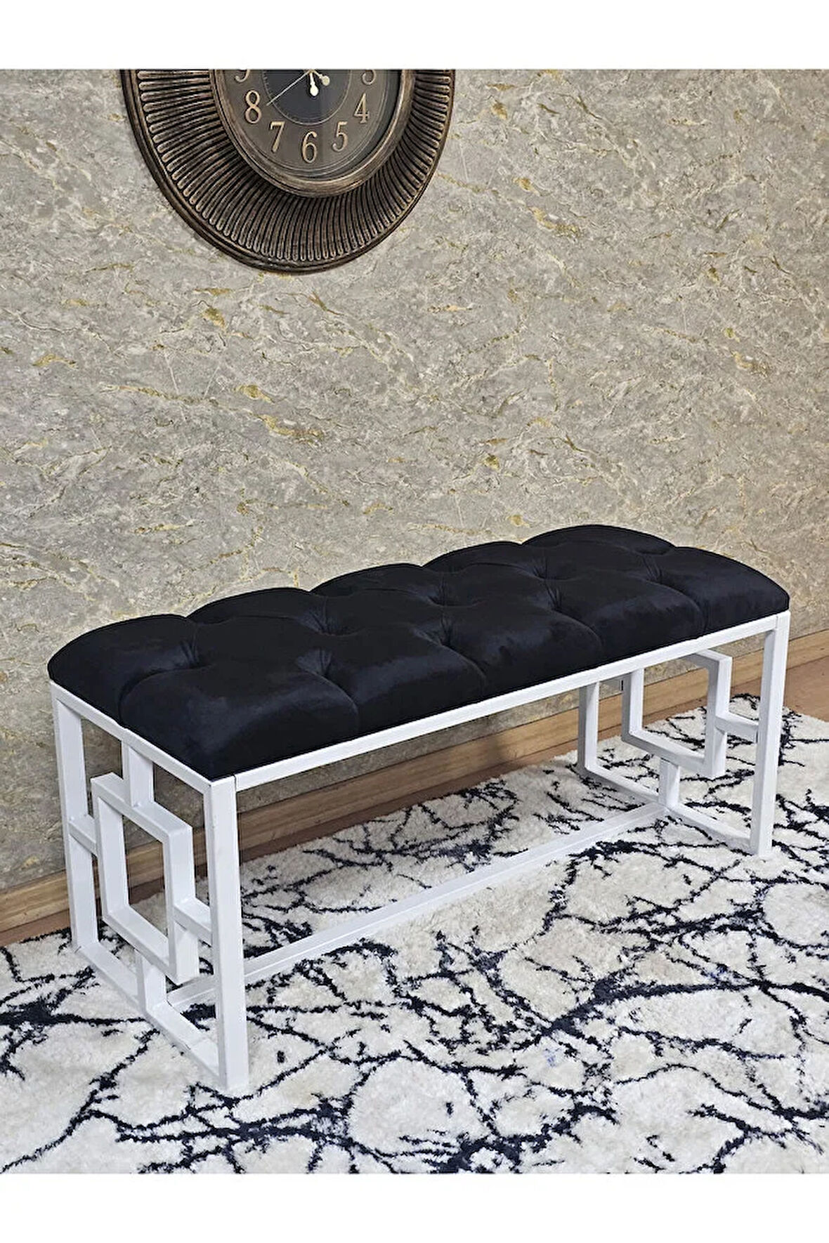 Beyaz Boyalı İçi Kareli Diktörtgen 100 cm x 40 cm Oturak Puf - Bench - Makyaj Oturağı - Oturak Siyah Renk 100 x 40 Boyut/Ebat