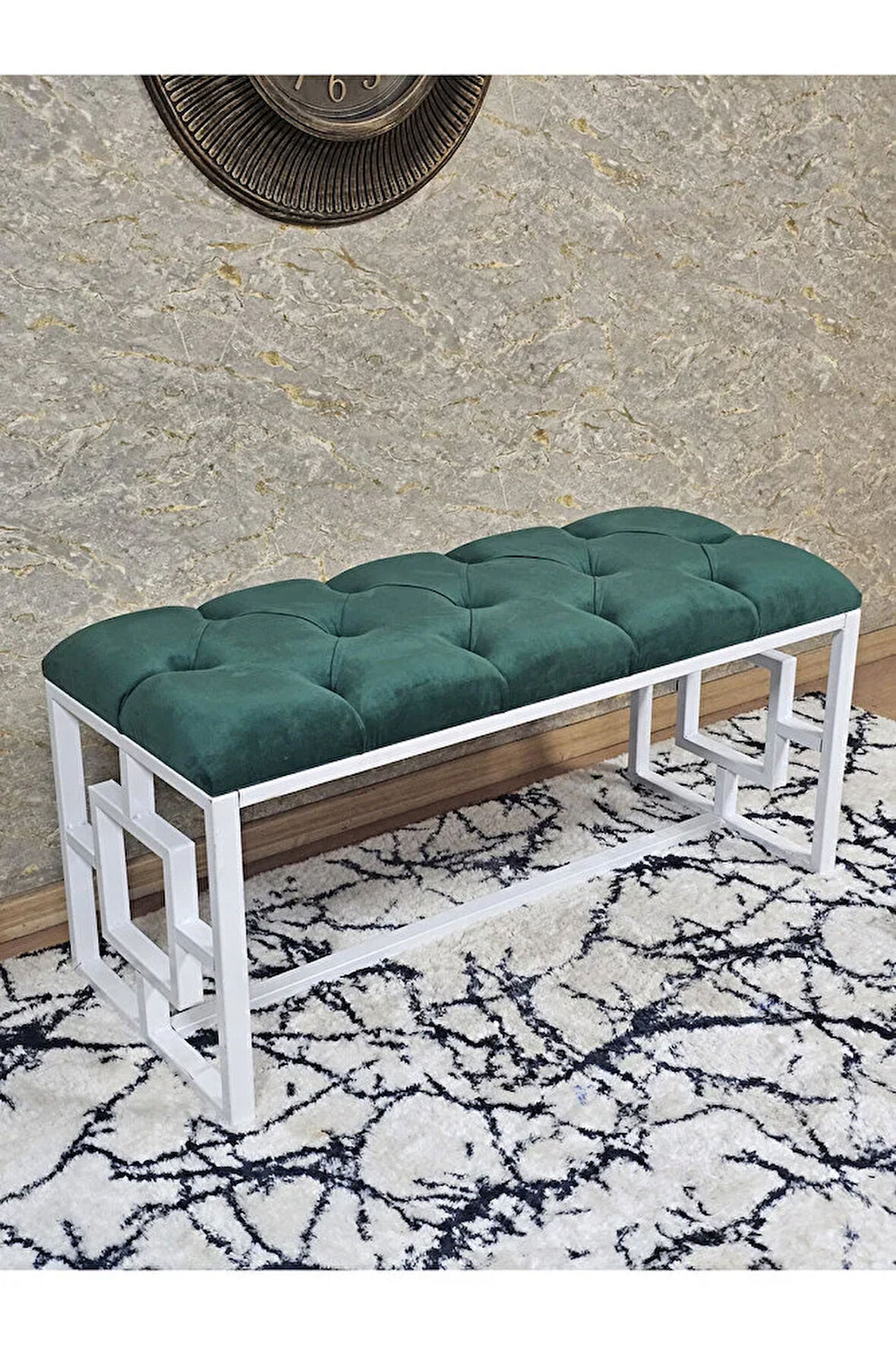 Beyaz Boyalı İçi Kareli Diktörtgen 100 cm x 40 cm Oturak Puf - Bench - Makyaj Oturağı - Oturak Yeşil Renk 100 x 40 Boyut/Ebat