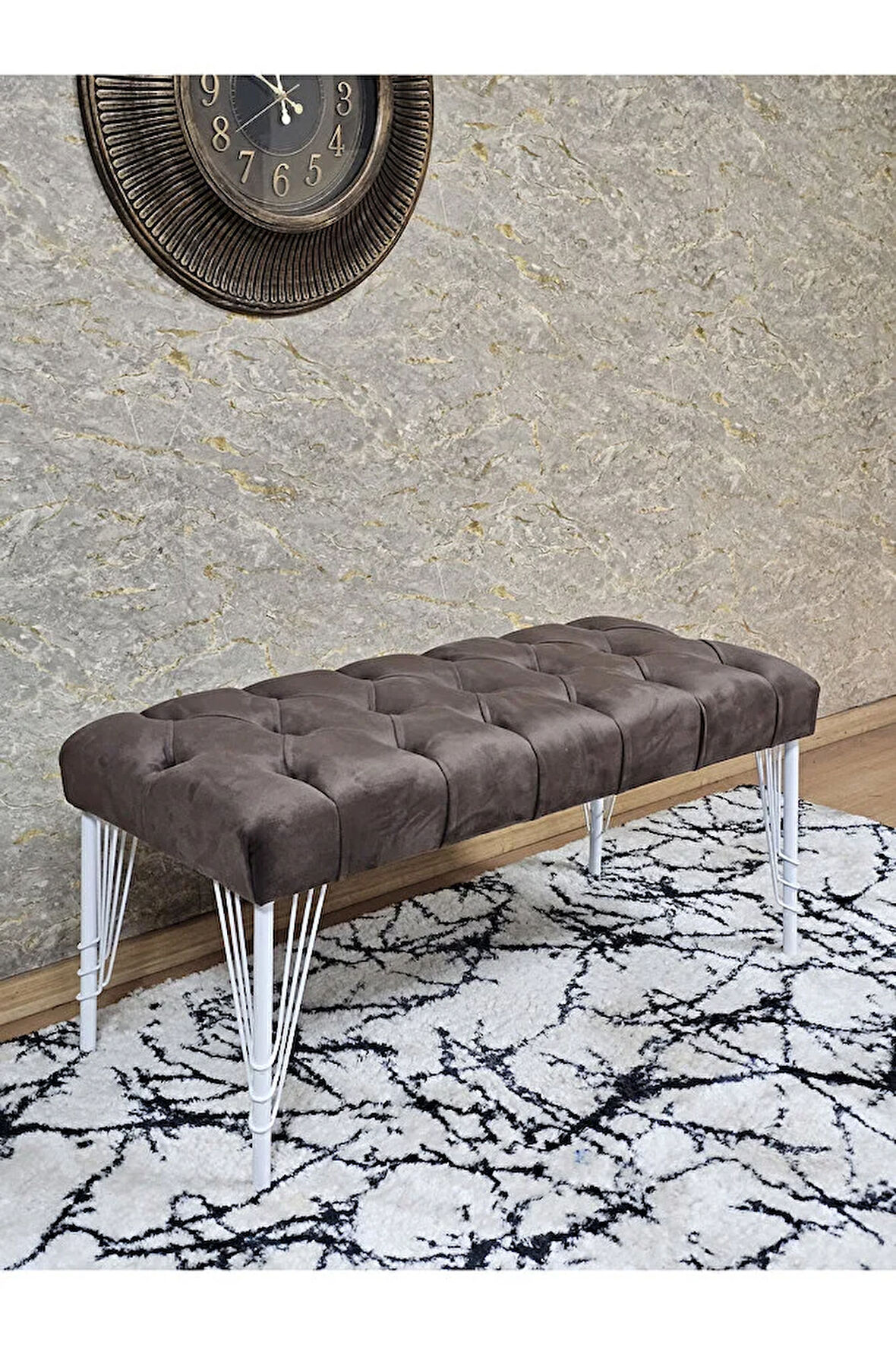 Beyaz Boyalı Tel Ayaklı 90 cm Puf Bench - Puf - Bench - Kasalı Oturak - Oturak - Yatak Ucu Puf Kahverengi Renk 90 x 41 Boyut/Ebat