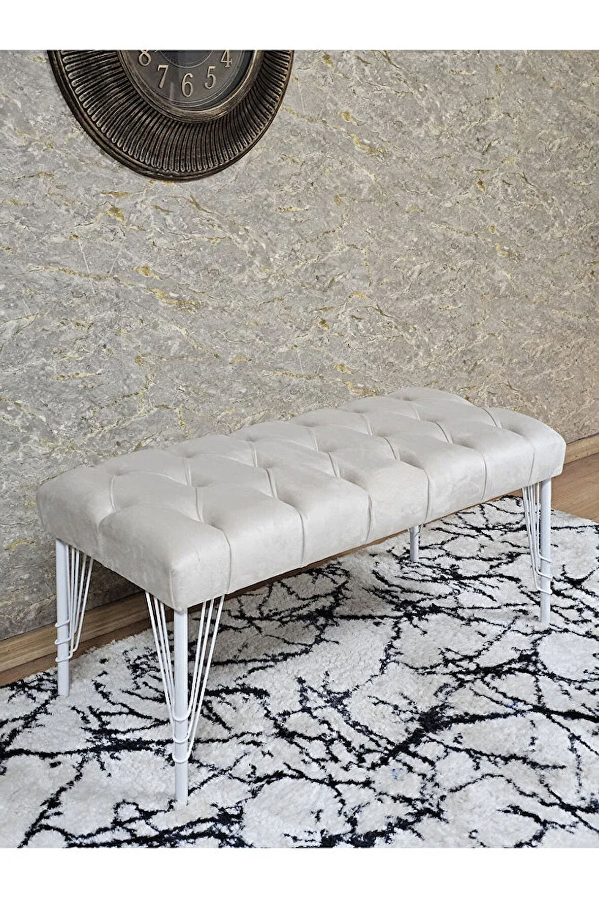 Beyaz Boyalı Tel Ayaklı 90 cm Puf Bench - Puf - Bench - Kasalı Oturak - Oturak - Yatak Ucu Puf Krem Renk 90 x 41 Boyut/Ebat