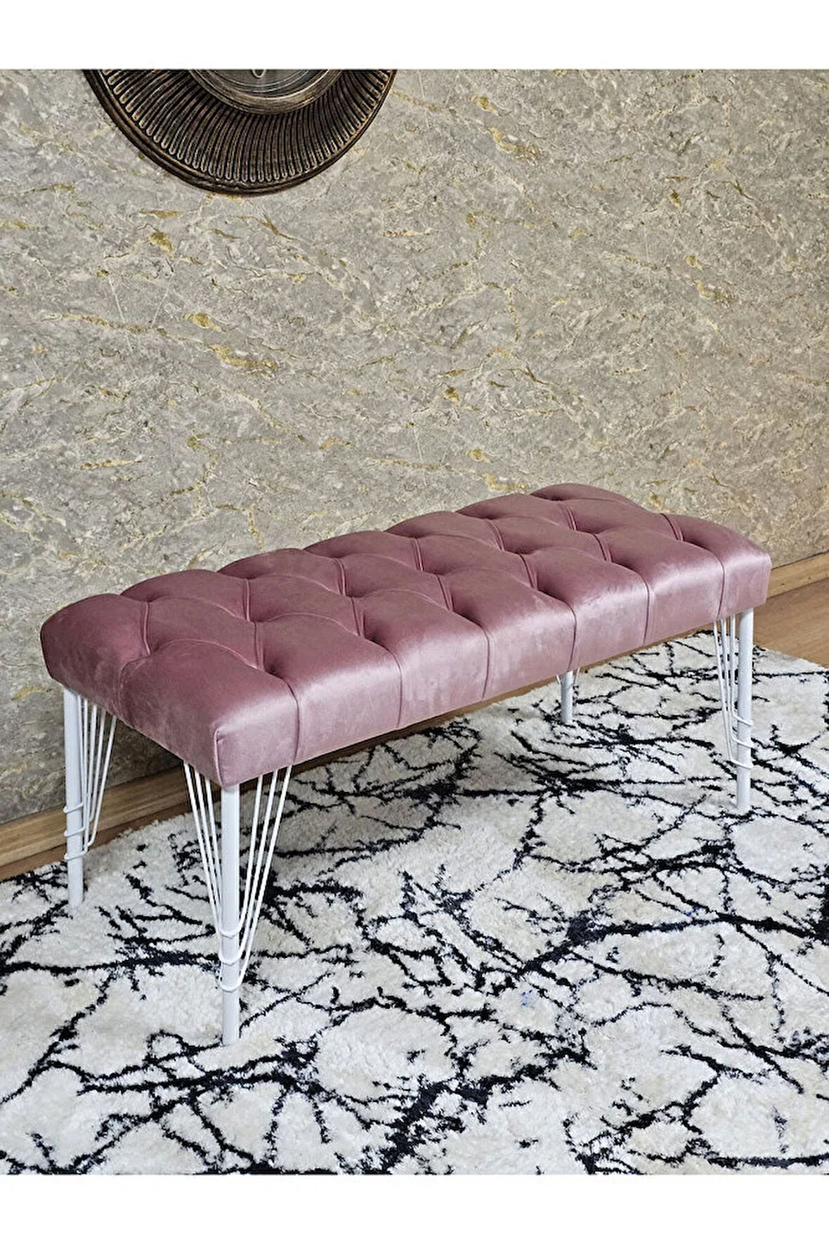 Beyaz Boyalı Tel Ayaklı 90 cm Puf Bench - Puf - Bench - Kasalı Oturak - Oturak - Yatak Ucu Puf Pembe Renk 90 x 41 Boyut/Ebat