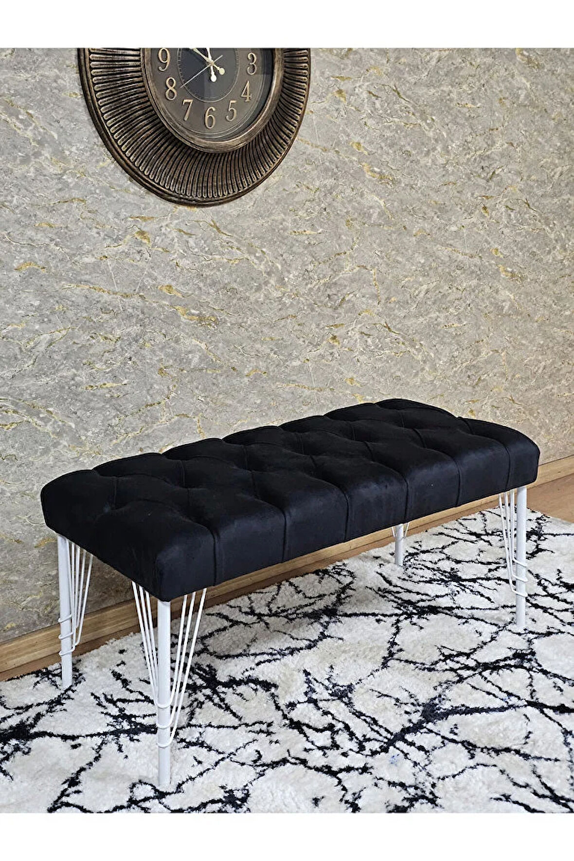 Beyaz Boyalı Tel Ayaklı 90 cm Puf Bench - Puf - Bench - Kasalı Oturak - Oturak - Yatak Ucu Puf Siyah Renk 90 x 41 Boyut/Ebat