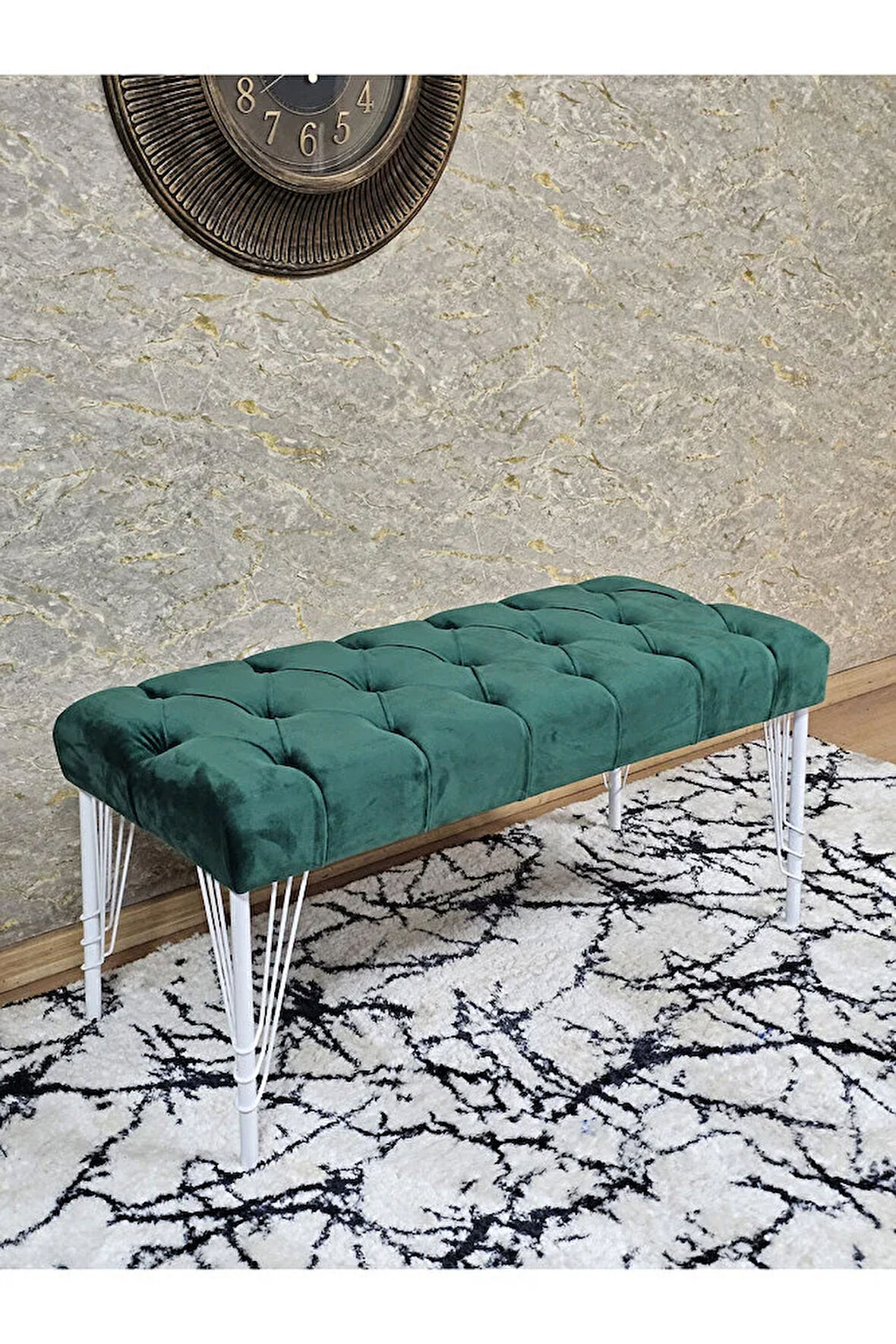 Beyaz Boyalı Tel Ayaklı 90 cm Puf Bench - Puf - Bench - Kasalı Oturak - Oturak - Yatak Ucu Puf Yeşil Renk 90 x 41 Boyut/Ebat