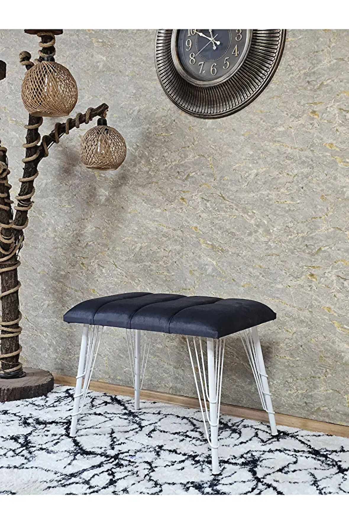 Metal Beyaz Tel Ayaklı 60 cm Puf Bench - Puf - Bench - Oturak - Mutfak Oturağı - Antre Oturağı Füme Renk 60 x 40 Boyut/Ebat