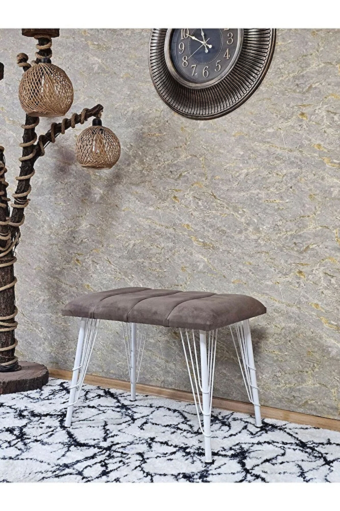 Metal Beyaz Tel Ayaklı 60 cm Puf Bench - Puf - Bench - Oturak - Mutfak Oturağı - Antre Oturağı Kahverengi Renk 60 x 40 Boyut/Ebat