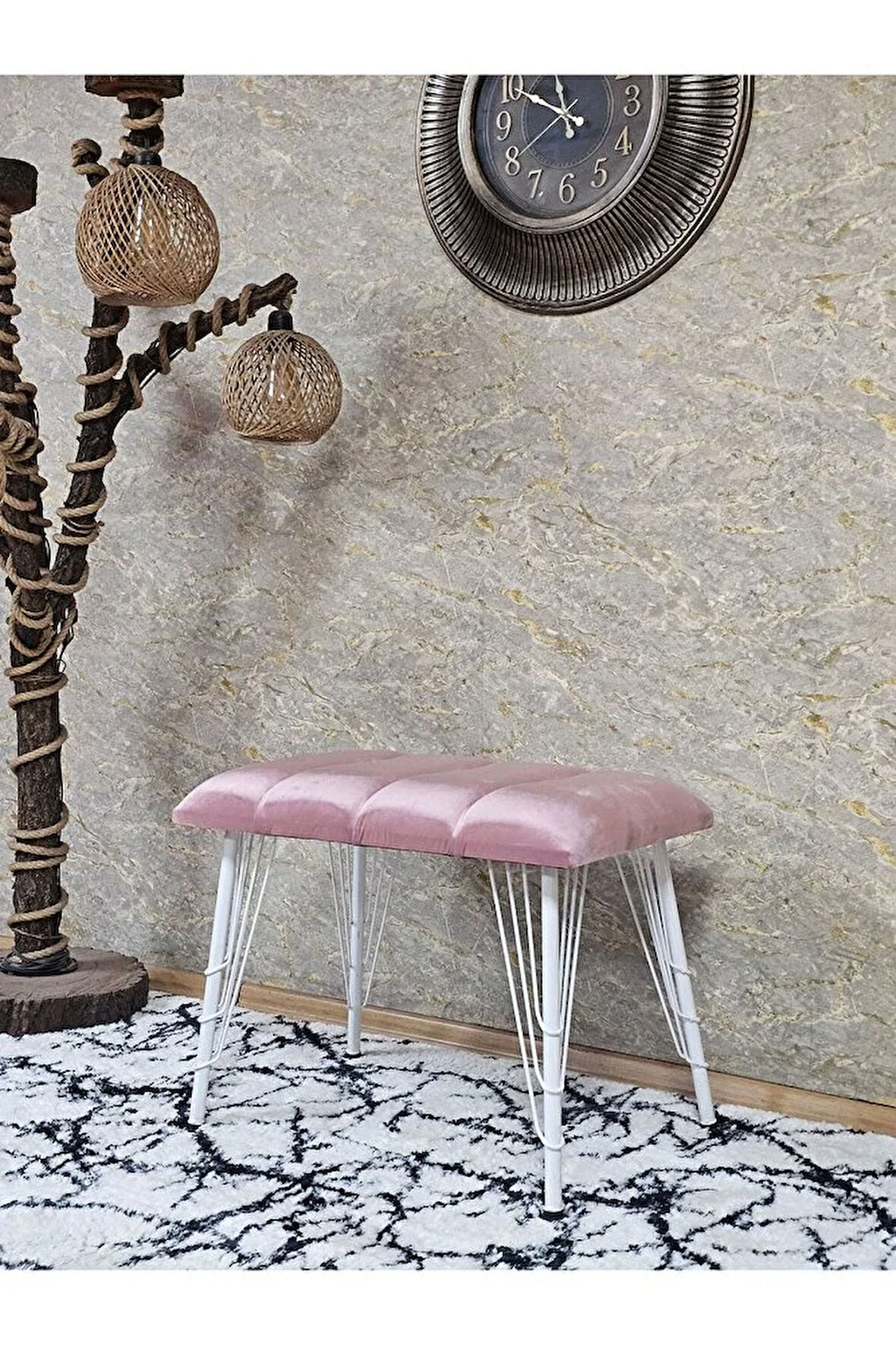 Metal Beyaz Tel Ayaklı 60 cm Puf Bench - Puf - Bench - Oturak - Mutfak Oturağı - Antre Oturağı Pembe Renk 60 x 40 Boyut/Ebat
