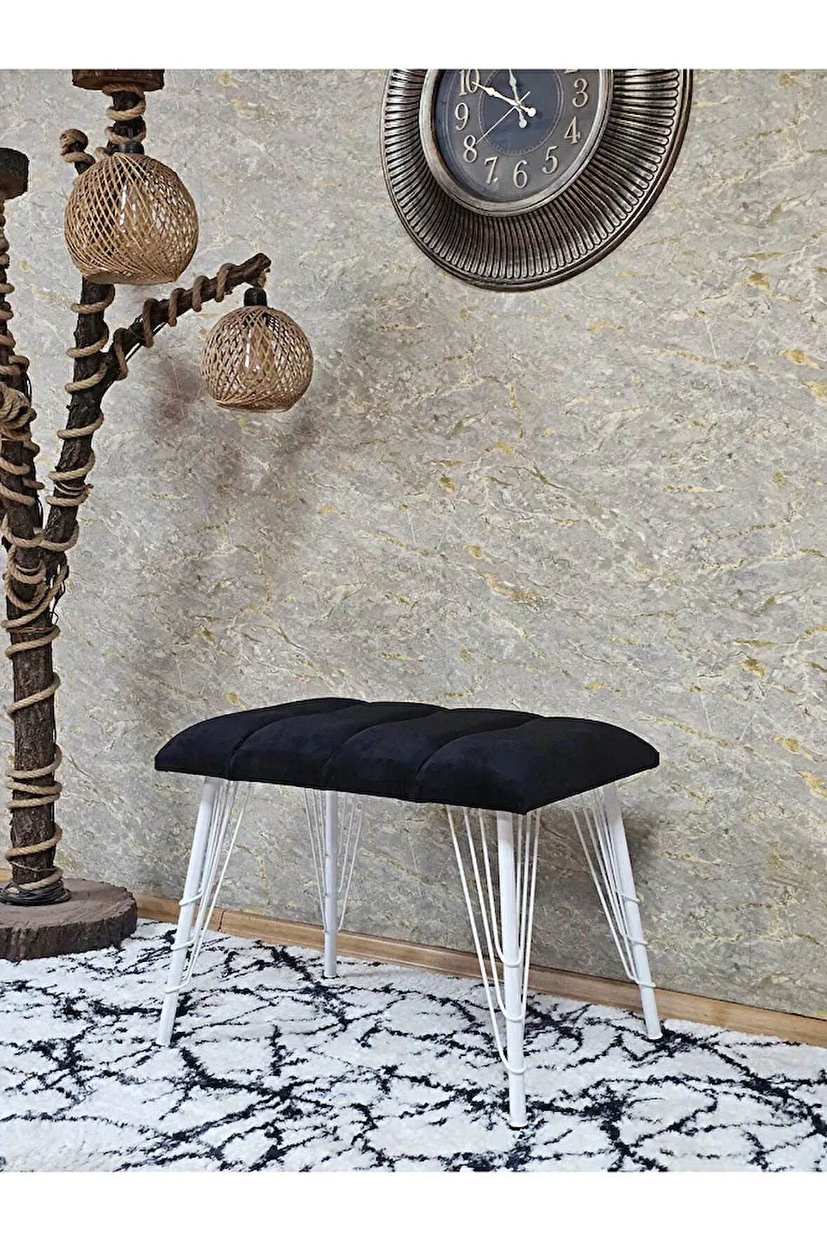 Metal Beyaz Tel Ayaklı 60 cm Puf Bench - Puf - Bench - Oturak - Mutfak Oturağı - Antre Oturağı Siyah Renk 60 x 40 Boyut/Ebat