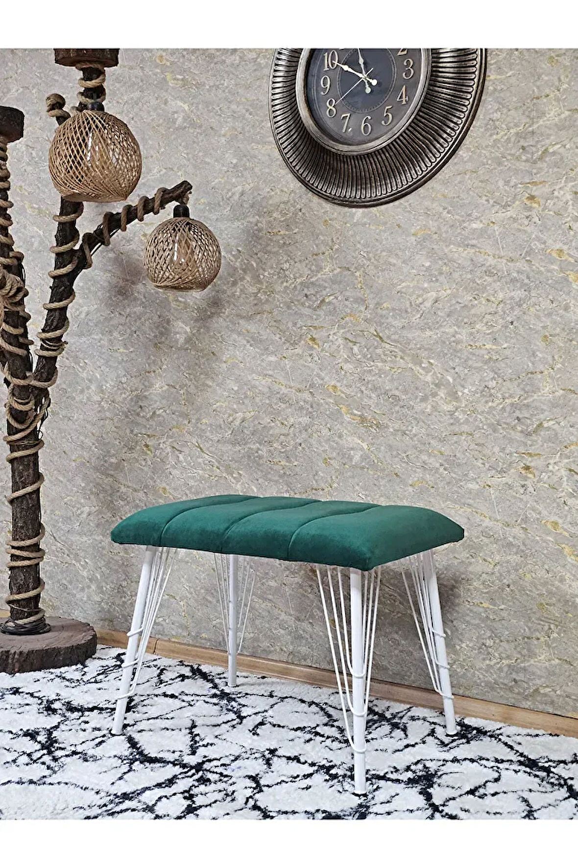 Metal Beyaz Tel Ayaklı 60 cm Puf Bench - Puf - Bench - Oturak - Mutfak Oturağı - Antre Oturağı Yeşil Renk 60 x 40 Boyut/Ebat