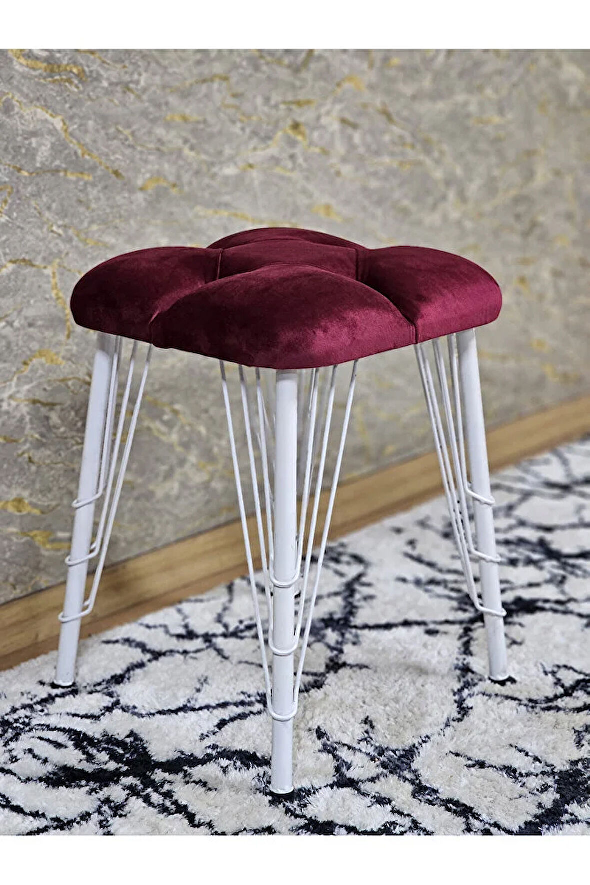 Kare Beyaz Boyalı Telli Ayaklı Tabure - Oturak - Bar Taburesi - Ayaklı Tabure Bordo Renk 33 x 48 Boyut/Ebat