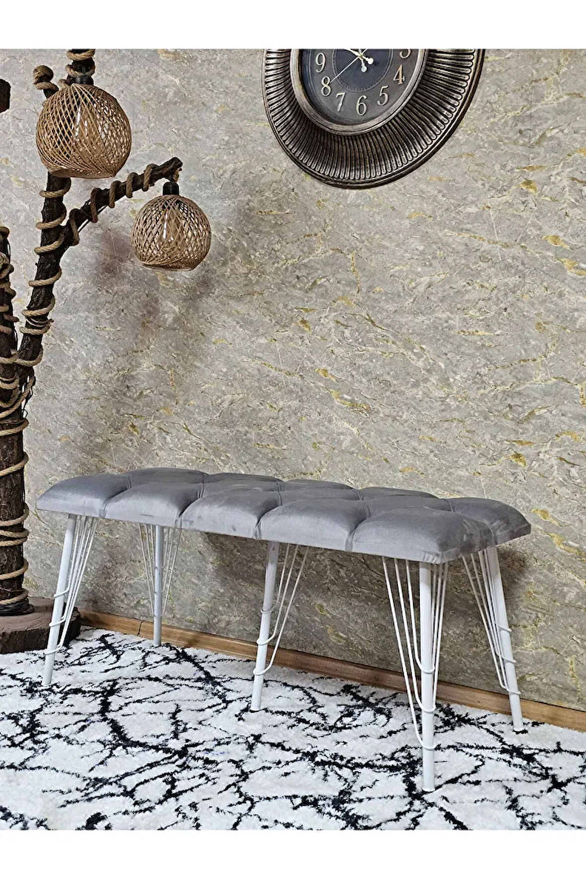 Metal Beyaz Tel Ayaklı 100 cm Puf Bench - Puf - Bench - Oturak - Mutfak Oturağı - Antre Oturağı Gri Renk 100 x 40 Boyut/Ebat