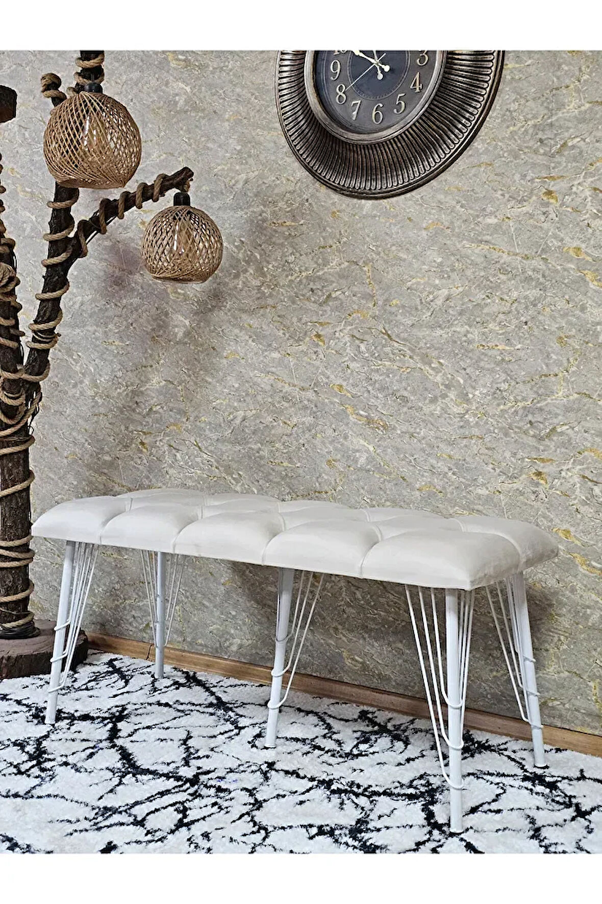 Metal Beyaz Tel Ayaklı 100 cm Puf Bench - Puf - Bench - Oturak - Mutfak Oturağı - Antre Oturağı Krem Renk 100 x 40 Boyut/Ebat