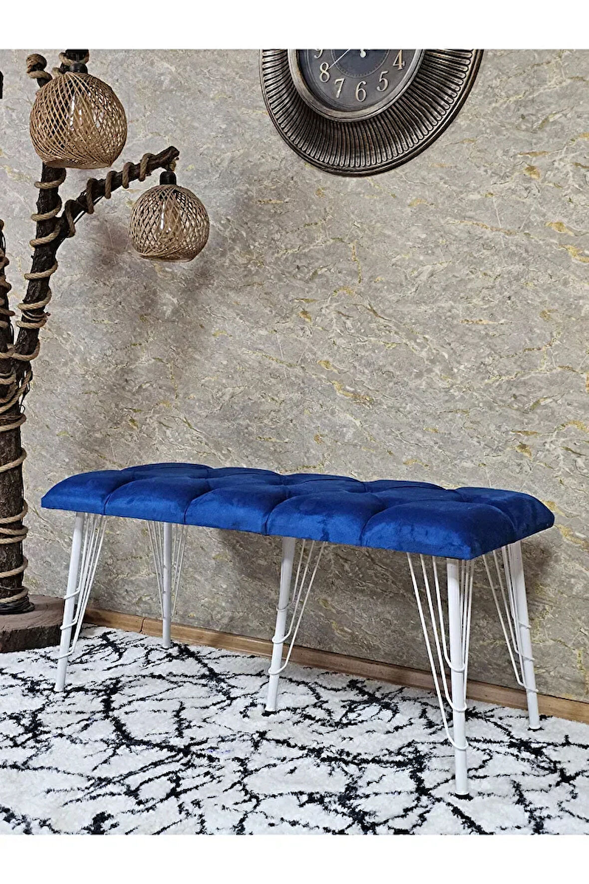 Metal Beyaz Tel Ayaklı 100 cm Puf Bench - Puf - Bench - Oturak - Mutfak Oturağı - Antre Oturağı Mavi Renk 100 x 40 Boyut/Ebat