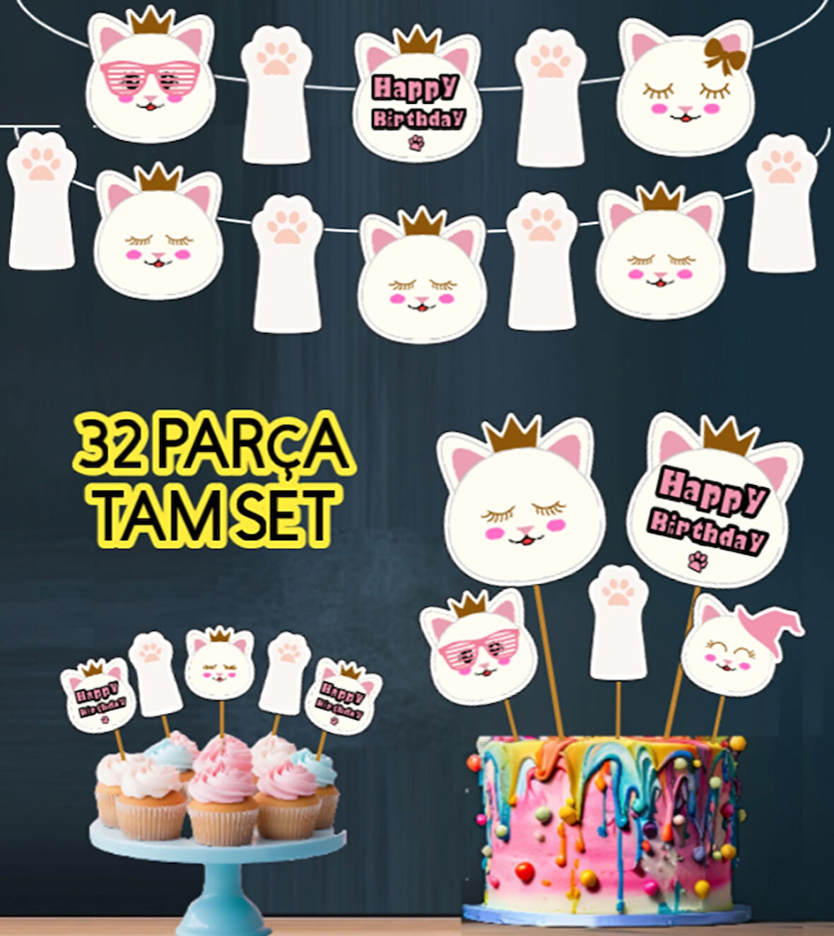 32 Parça Tam Set Beyaz Sevimli Kedi Doğum Günü Seti Banner +Pasta Kürdanı+ Cupcake Süsü Seti