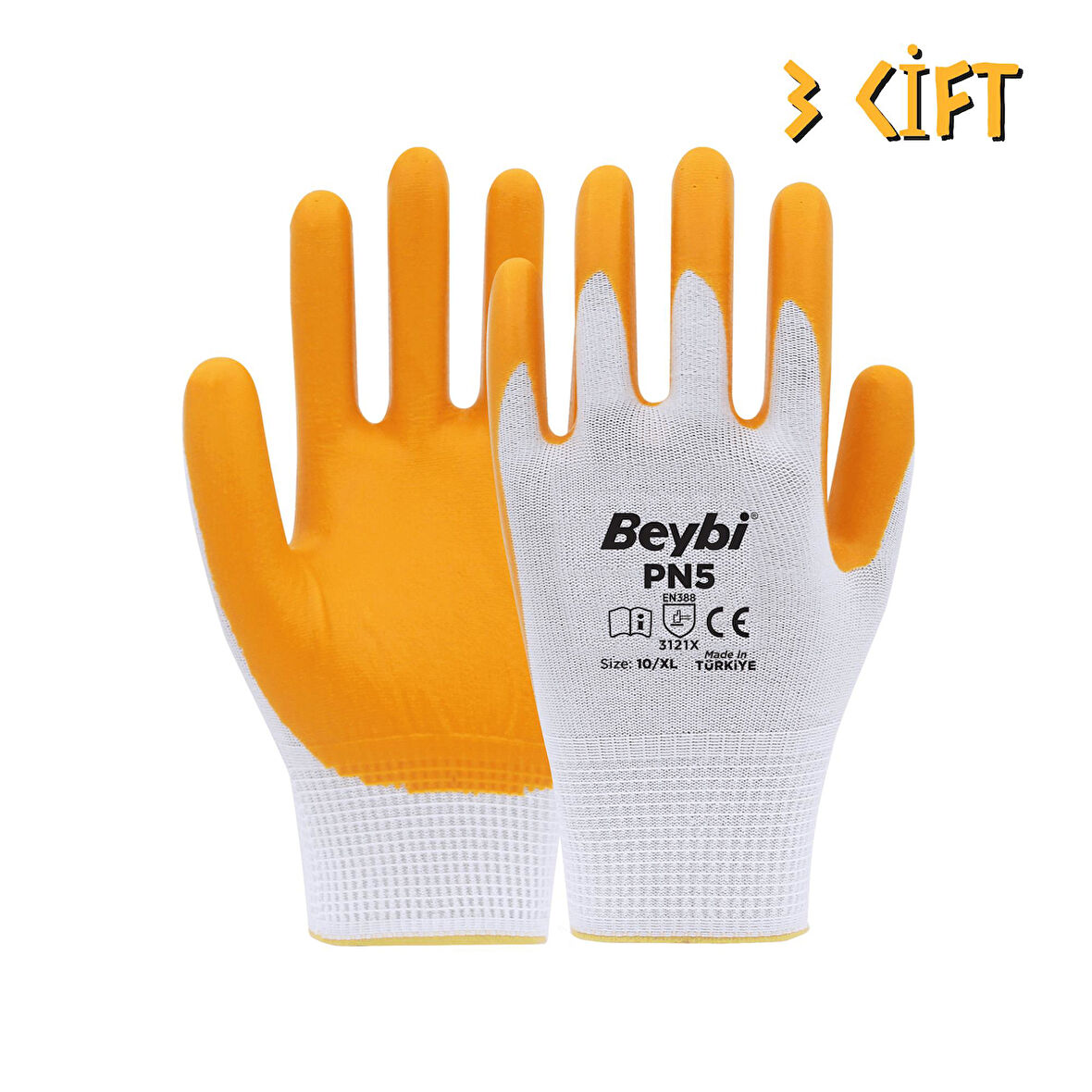 Beybi Polyester-Nitril İş Eldiveni PN5 No: 10 Sarı - 3 Çift