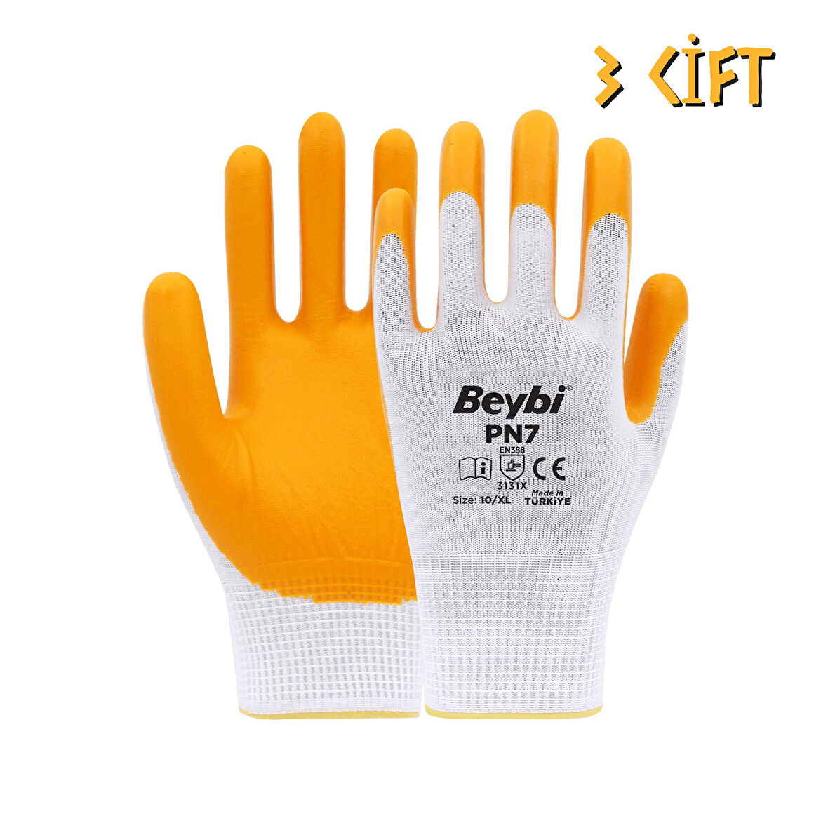 Beybi Polyester-Nitril İş Eldiveni PN7 No: 10 SARI - 3 Çift