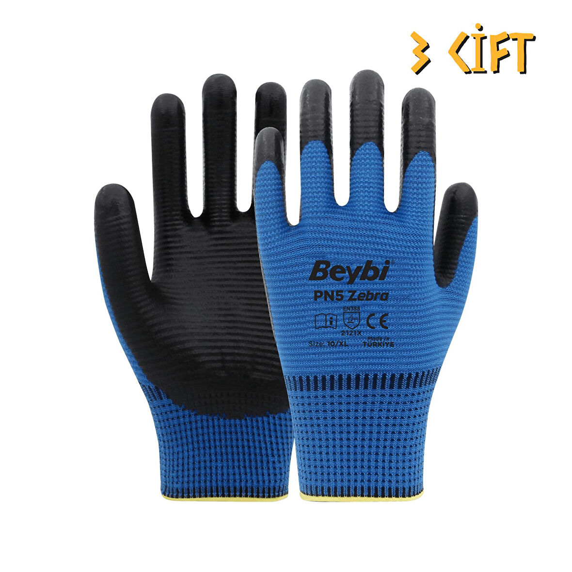 Beybi Polyester-Nitril İş Eldiveni PN5 Zebra No: 10 MAVİ - 3 Çift