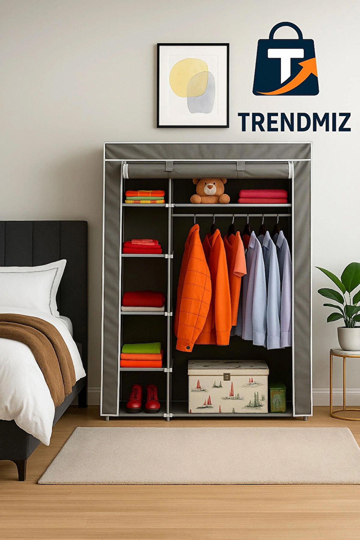 Trendmiz Father Yandan Raflı Bez Dolap | Metal Iskeletli Gardırop | Toz Geçirmez Fermuarlı Dolap