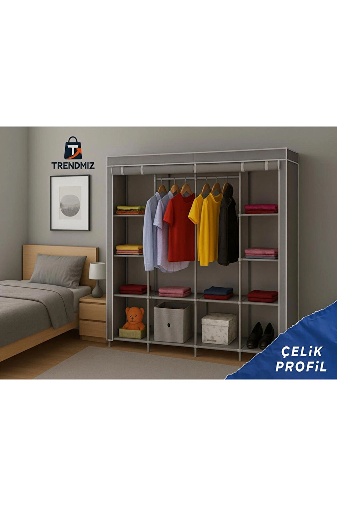 Trendmiz Mother Çift Raflı Bez Dolap | Metal Iskeletli Bez Dolap | Toz Geçirmez Fermuarlı Hurç Dolap