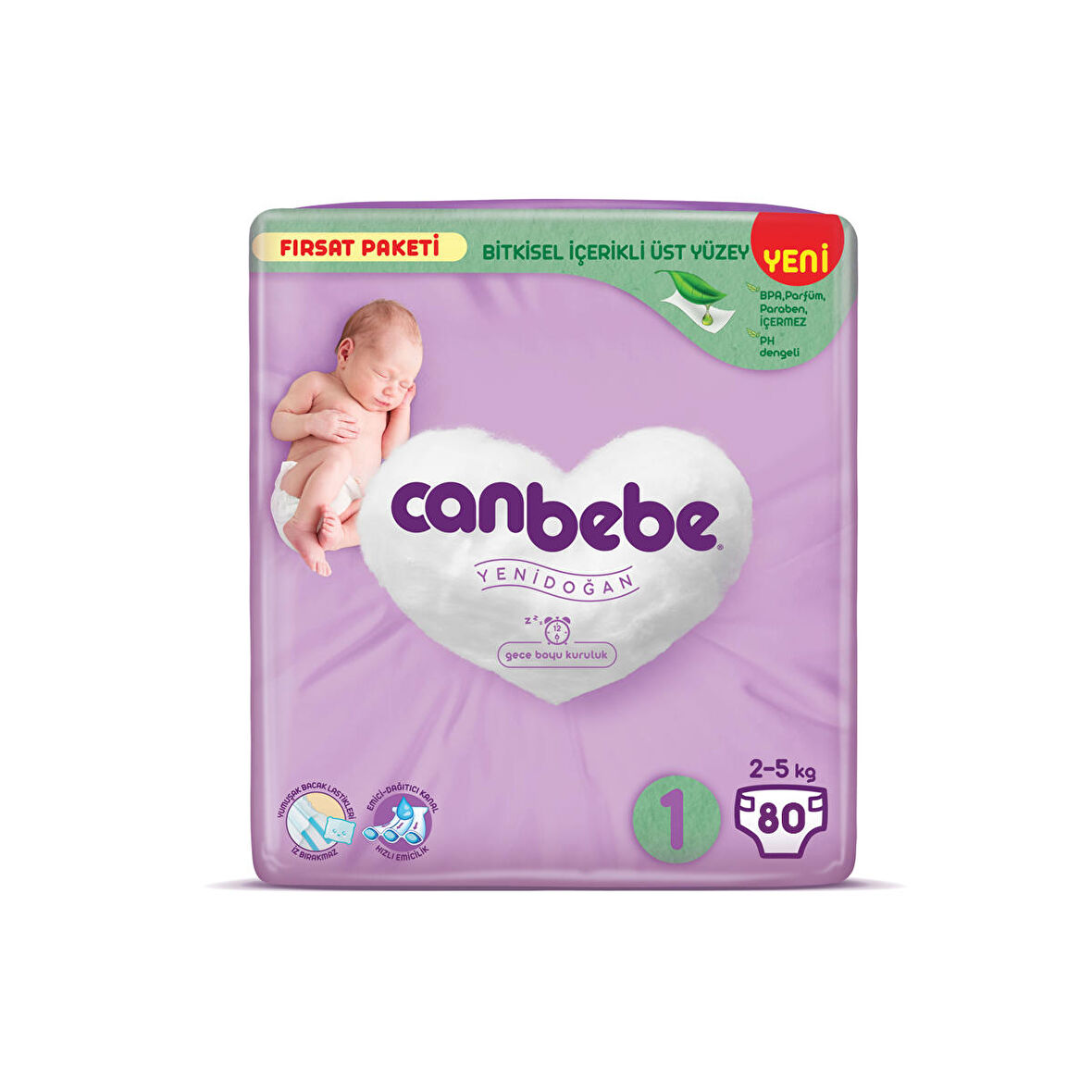 Canbebe 1 Beden Bebek Bezi Yenidoğan 2-5KG - 80 Adet