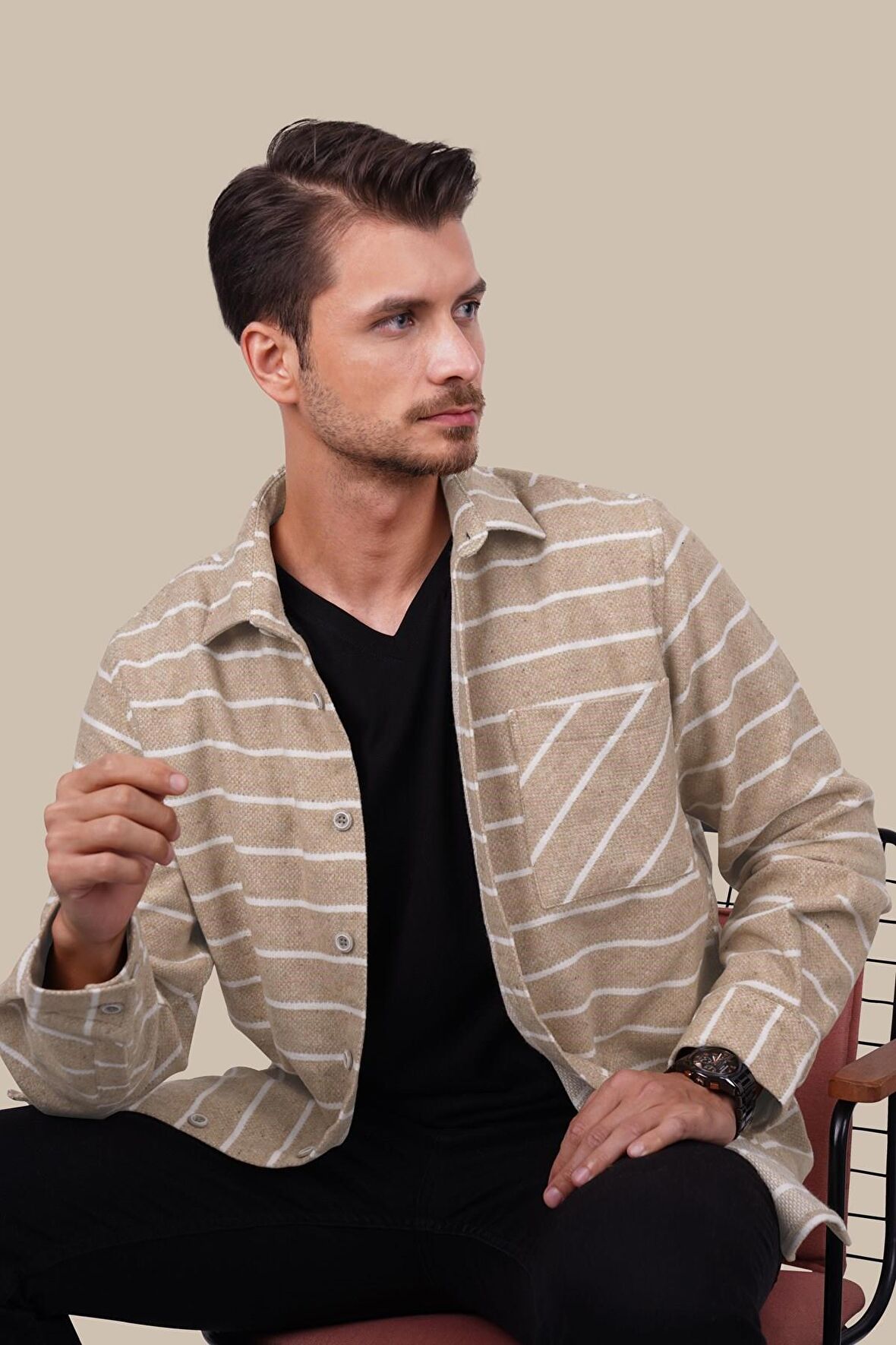 Bej Beyaz Çizgili Oversize Erkek Gömlek