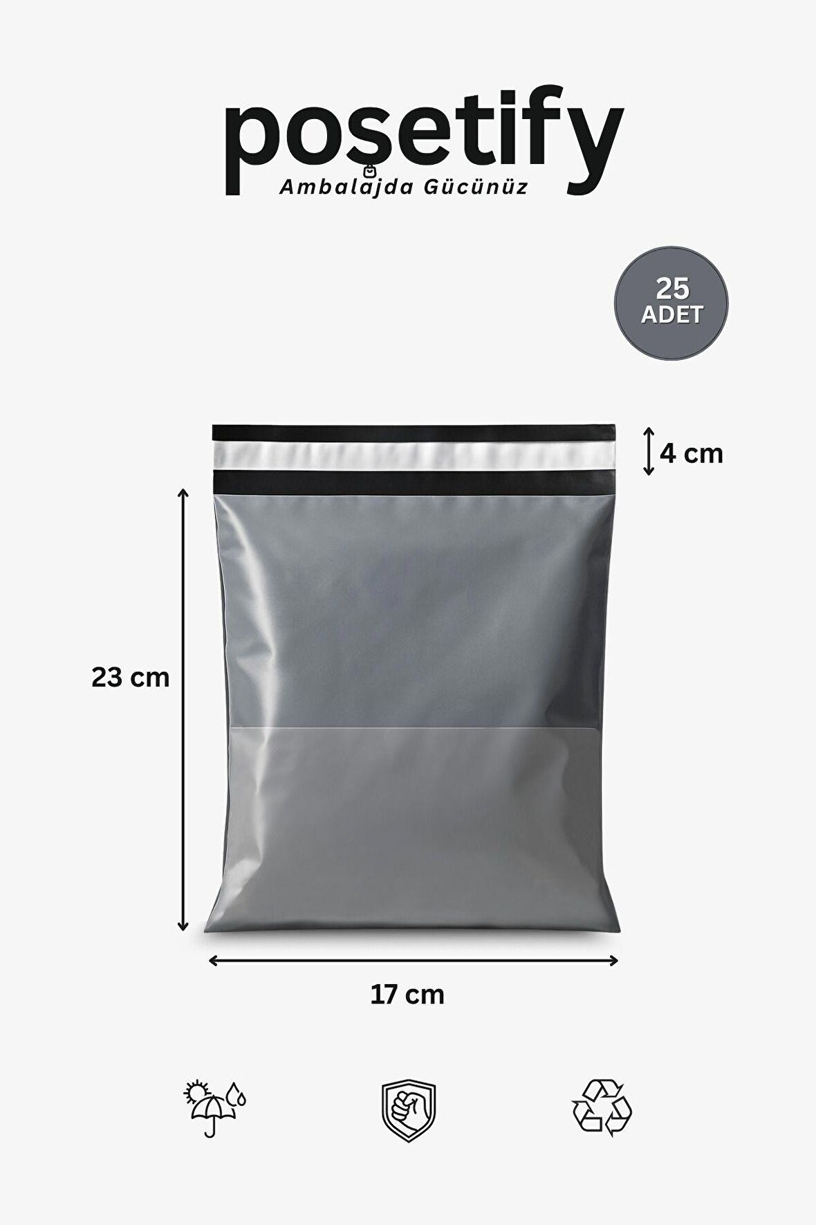 Gri Cepli Kargo Poşeti 17x23+4 cm | Yapışkan Bantlı Gönderi Zarfı | 25’li E-Ticaret Poşeti