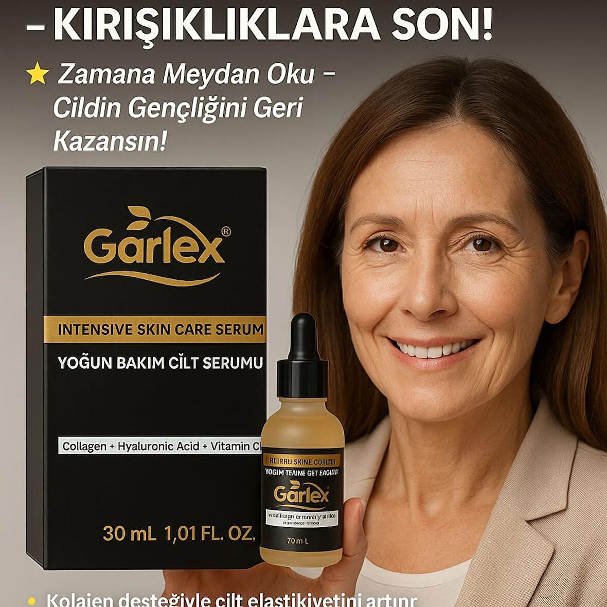 Garlex Yoğun Bakım Cilt Serumu 30ml – Kolajen, Hyaluronik Asit, Vitamin C&E – Kırışıklık Karşıtı & Nemlendirici Serum