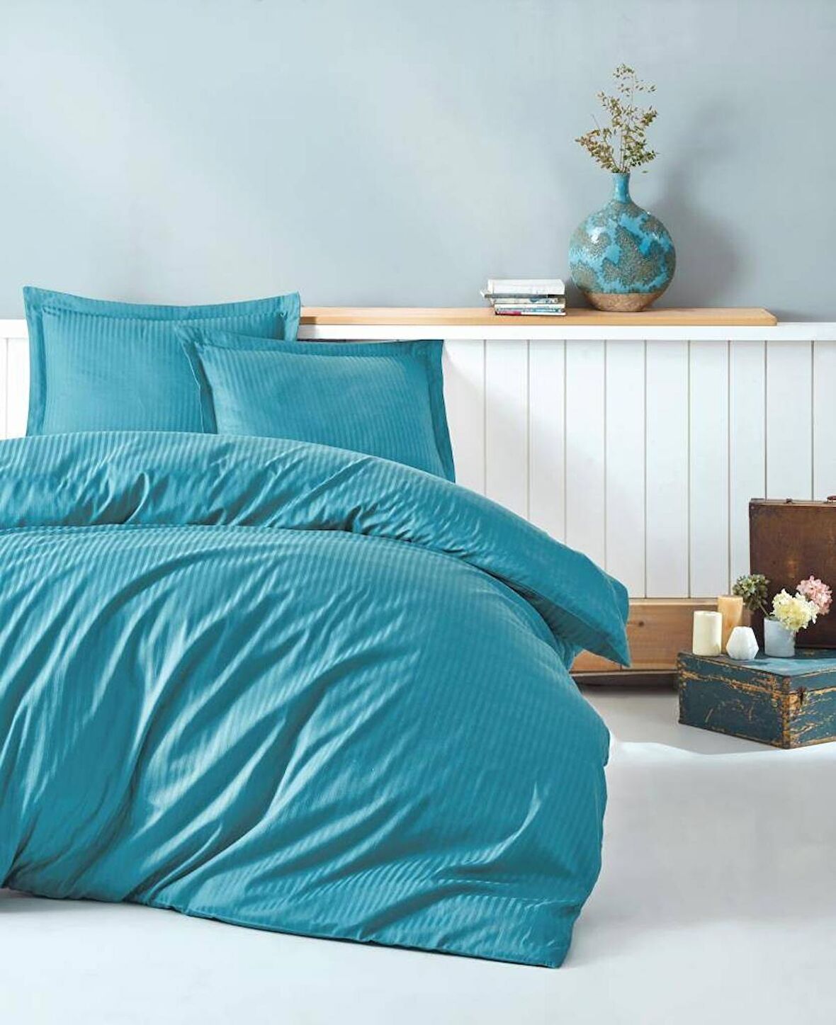 Cotton Box Çift Kişilik Saten Nevresim Takımı Elegante Stripe Turkuaz