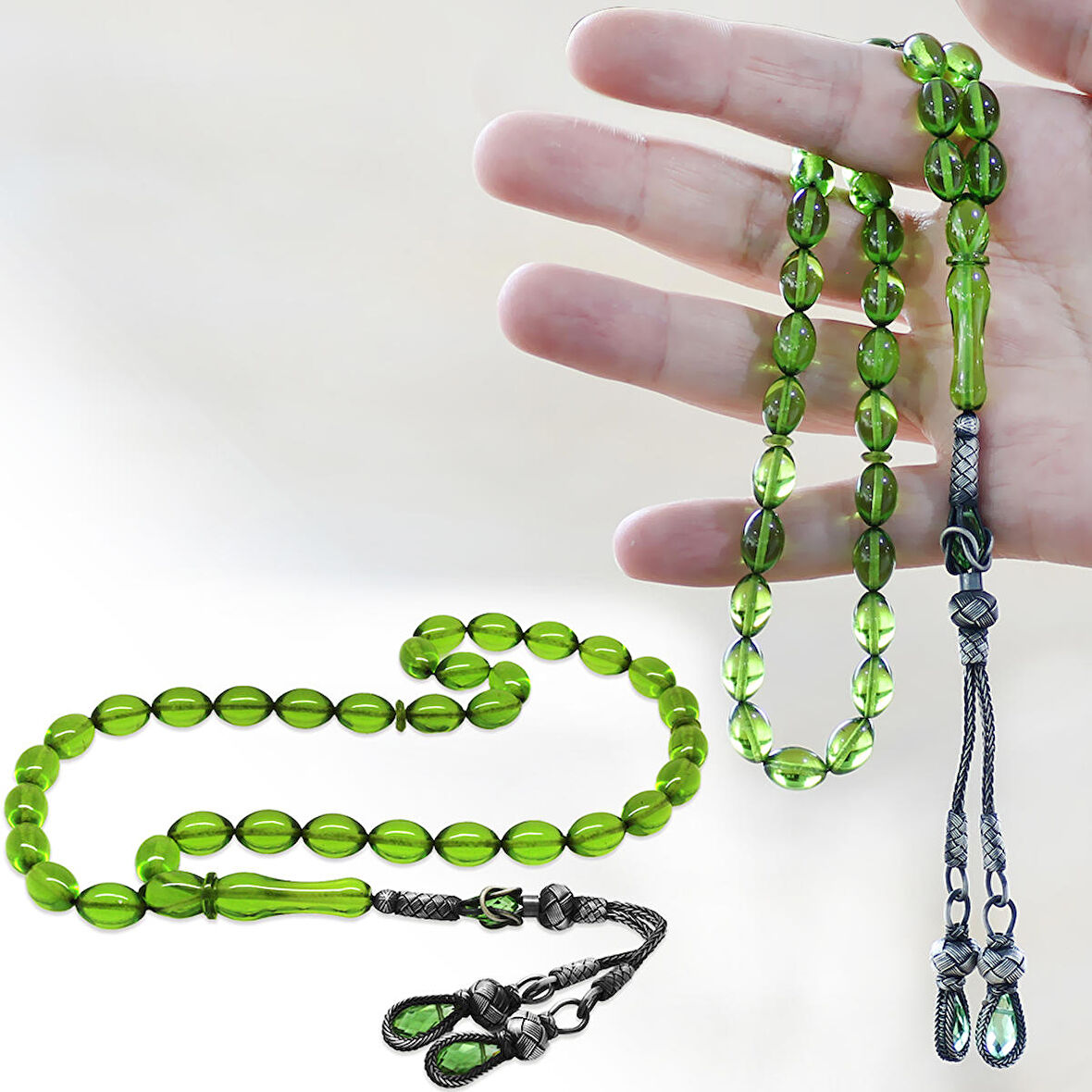 1000 Ayar Gümüş Kazaz Püsküllü Arpa Kesim Su Yeşili Ateş Kehribar Tesbih