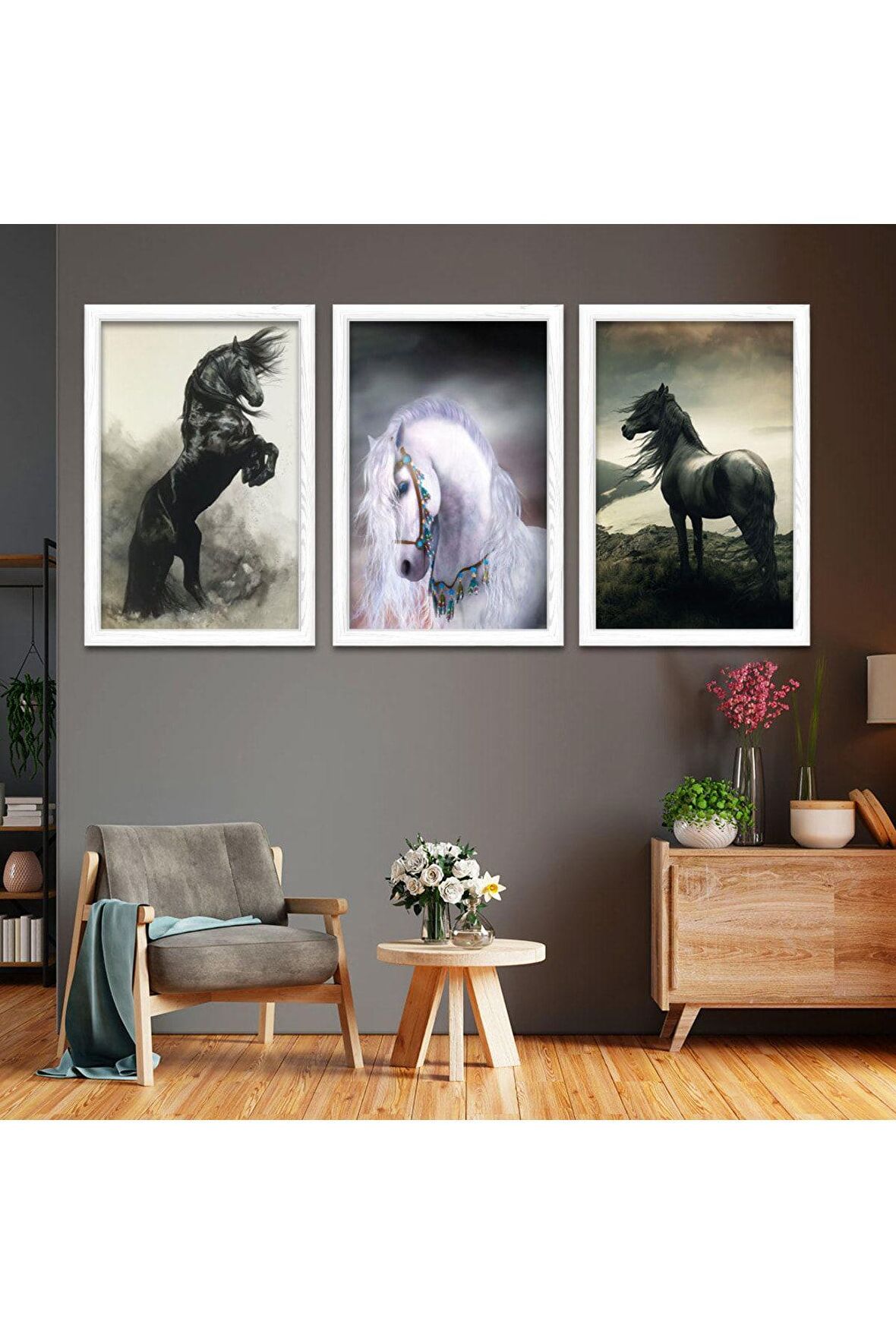 Mavi Beyaz Kolaj Gümüş Pleksi Kenar Üçlü Mdf Tablo Seti