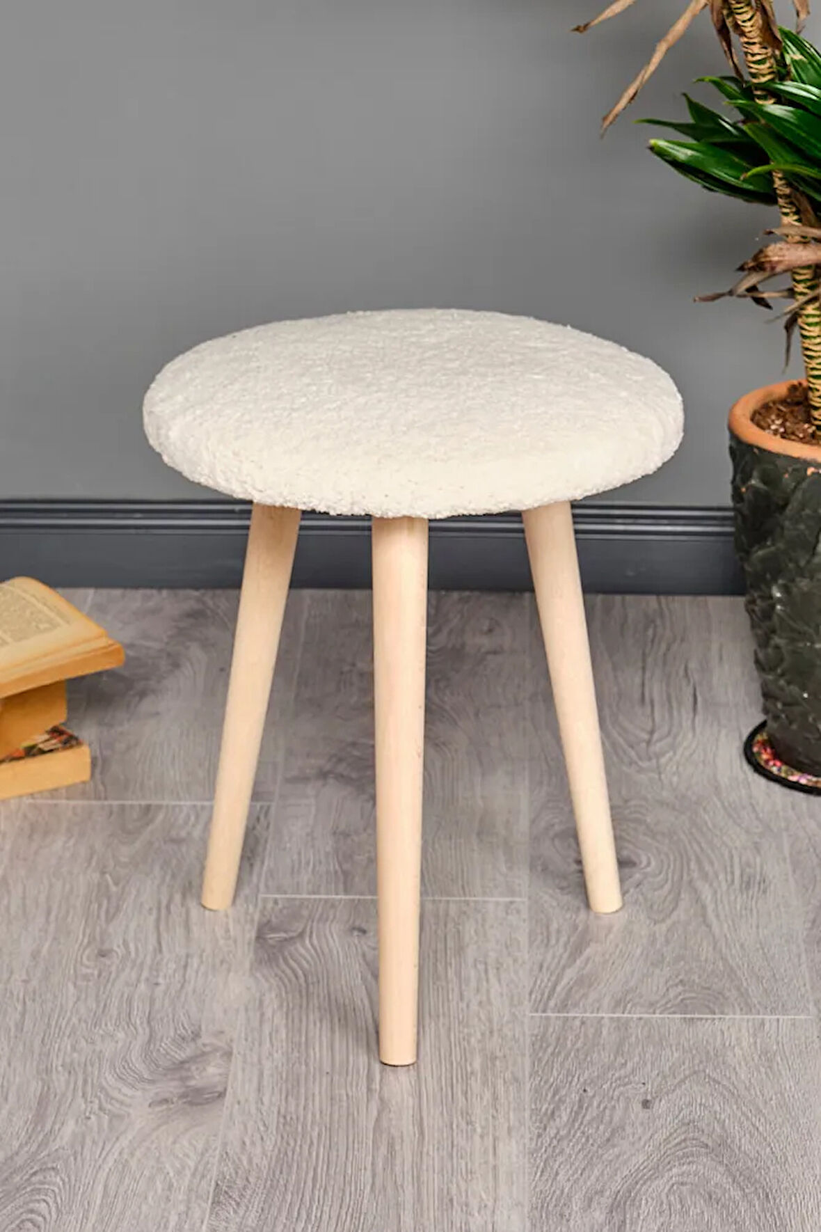Ahşap Ayaklı Dekoratif Pelüş Puf Tabure Bench Sandalye Ayak Uzatma Pufu Makyaj Sandalye