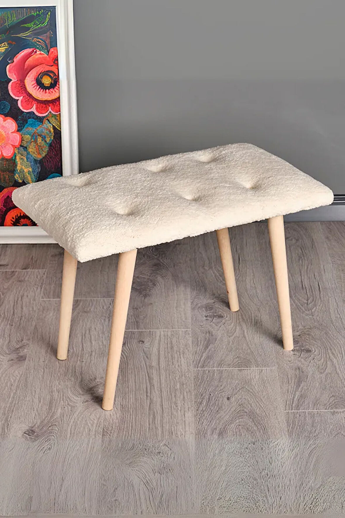 Puf Retro Ahşap Ayaklı Handmade Çok Amaçlı Kuzu Tüyü Puf Bench Koltuk Sandalye Makyaj Pufu
