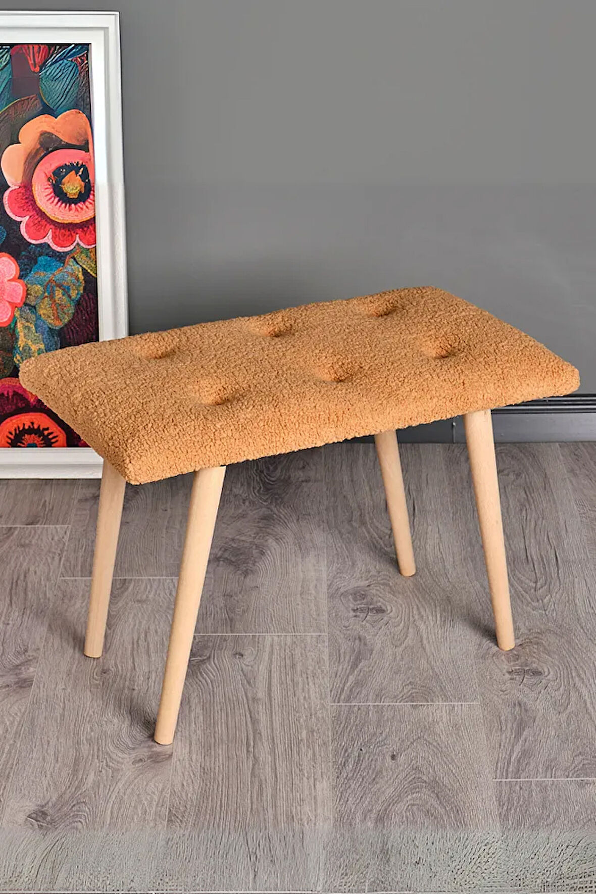Puf Retro Ahşap Ayaklı Handmade Çok Amaçlı Kuzu Tüyü Puf Bench Koltuk Sandalye Makyaj Pufu