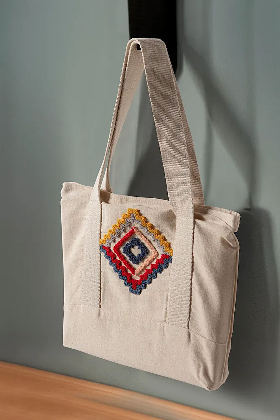 Desenli Bez Keten Omuz Çantası, Plaj Çantası, İşlemeli El ve Kol Çantası %100 Pamuk 36x29 cm