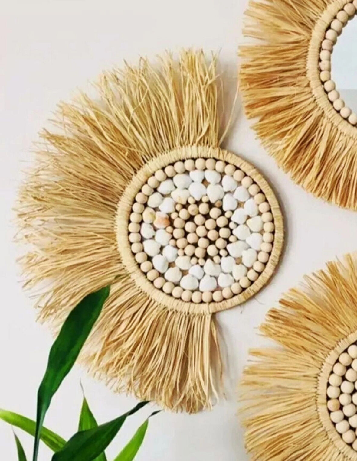  Yeni Ev İçin 3’lü Bohem Rafya Duvar Süsü – Doğal Ahşap Boncuklu & Midyeli El Yapımı Dekor Seti