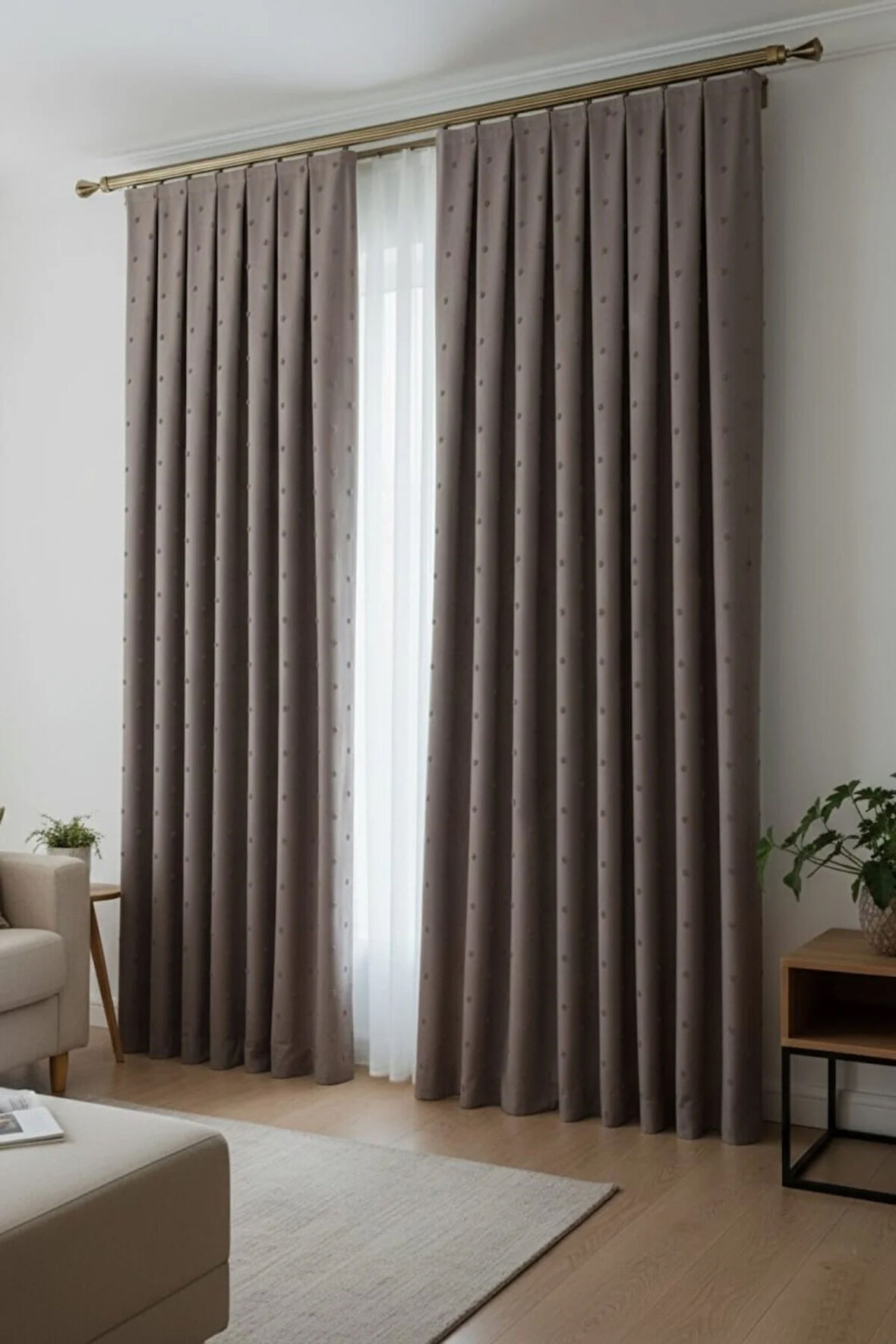 Bohem Ponponlu Vizon Gri Fon Perde 1x3 Sık Pile | Salon, Çocuk Odası Bohem Fon Perde