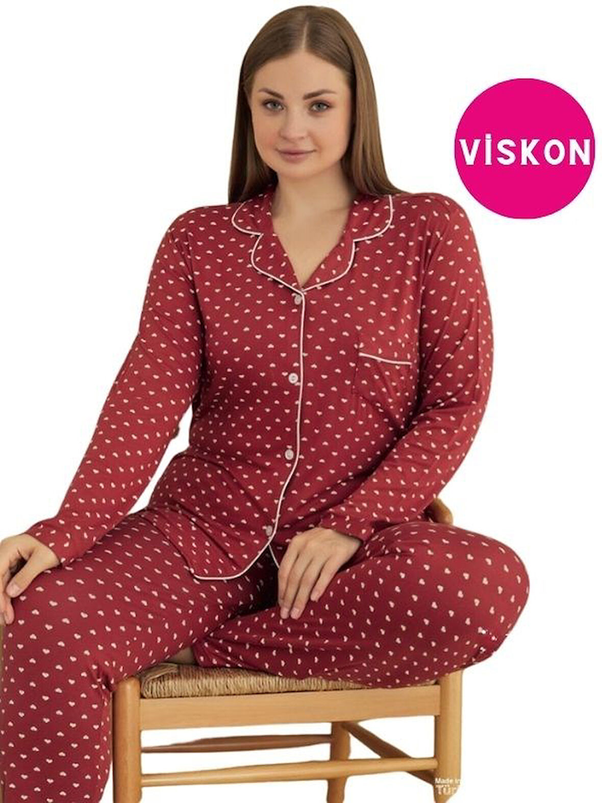 Kadın Büyük Beden Viskon Önden Düğmeli Gömlek Yaka Göğüs Cepli Uzun Kol Mevsimlik Pijama Takımı