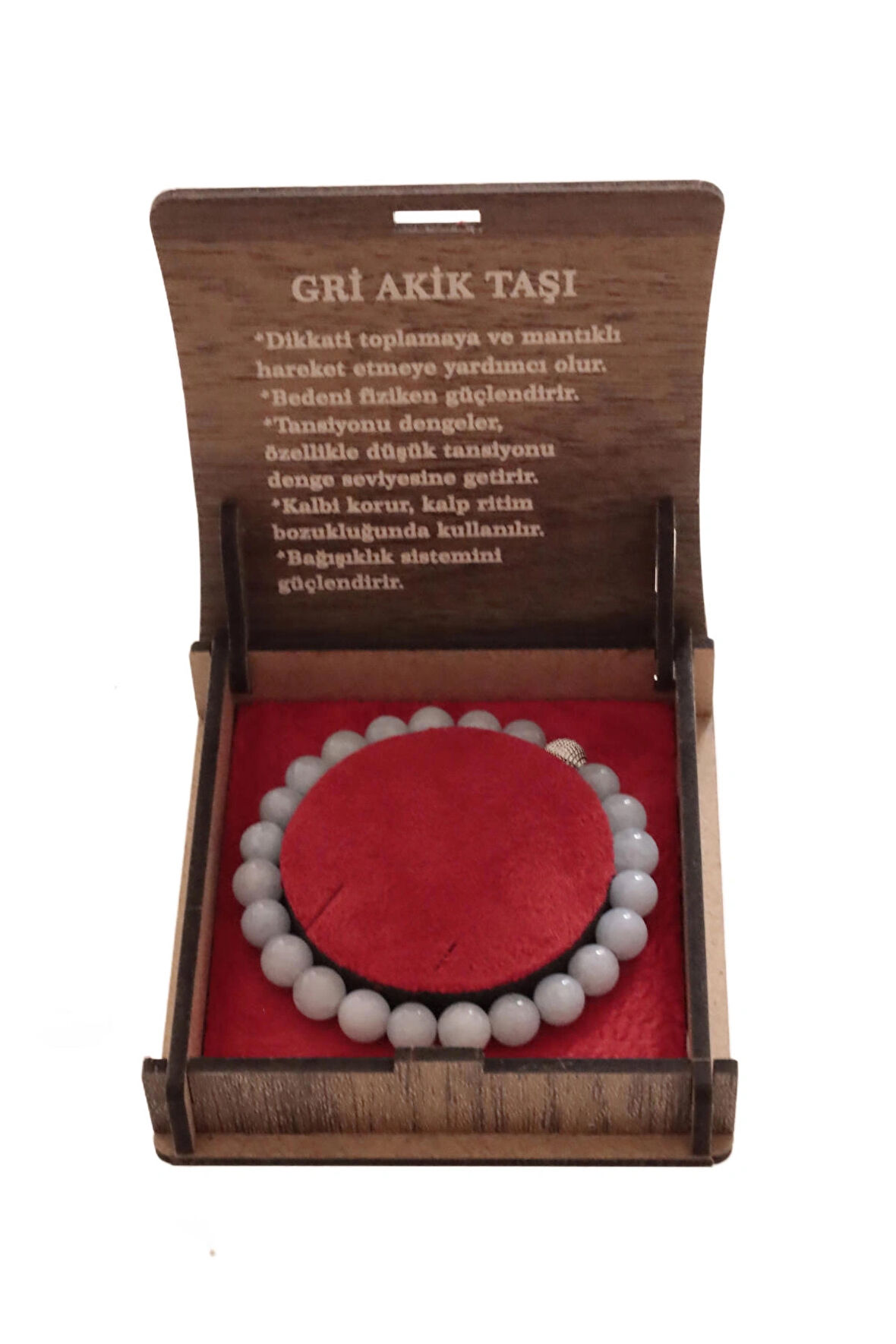 Gri Akik Taşı Bileklik – 8 mm Doğal Taş ve Şık Hediye Kutusu