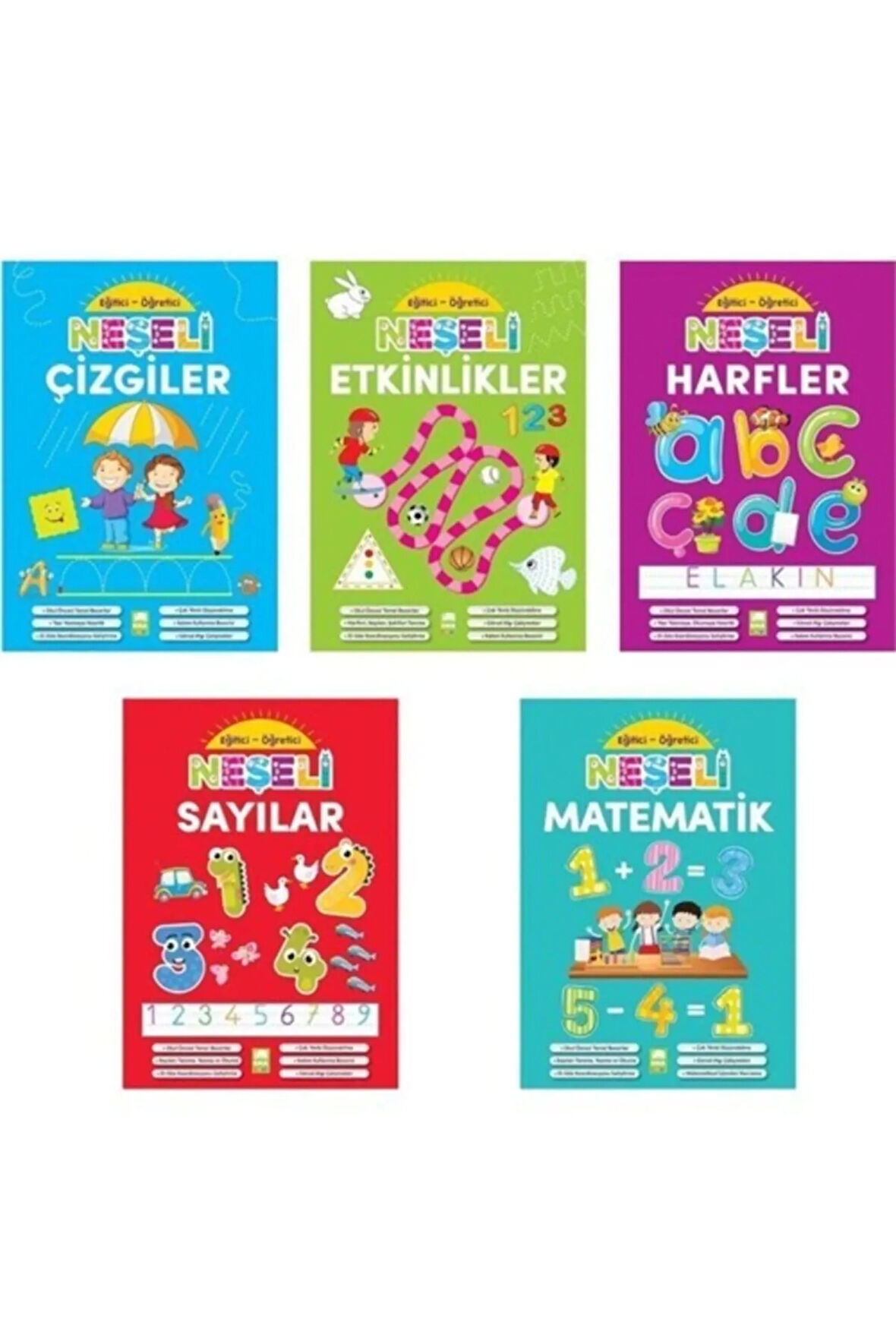 Eğitici-öğretici Neşeli Çizgiler + Etkinlikler + Harfler + Sayılar + Matematik Seti 5 Kitap