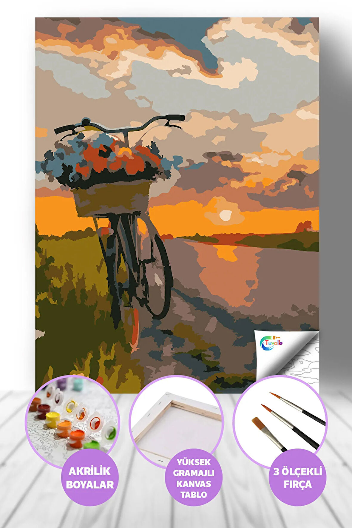 Bisiklet Yolu Gün Batımı Sayılarla Boyama Seti, Hobi Seti, 40X50 Tablo, Fırça Boya, Numaralı Tuval