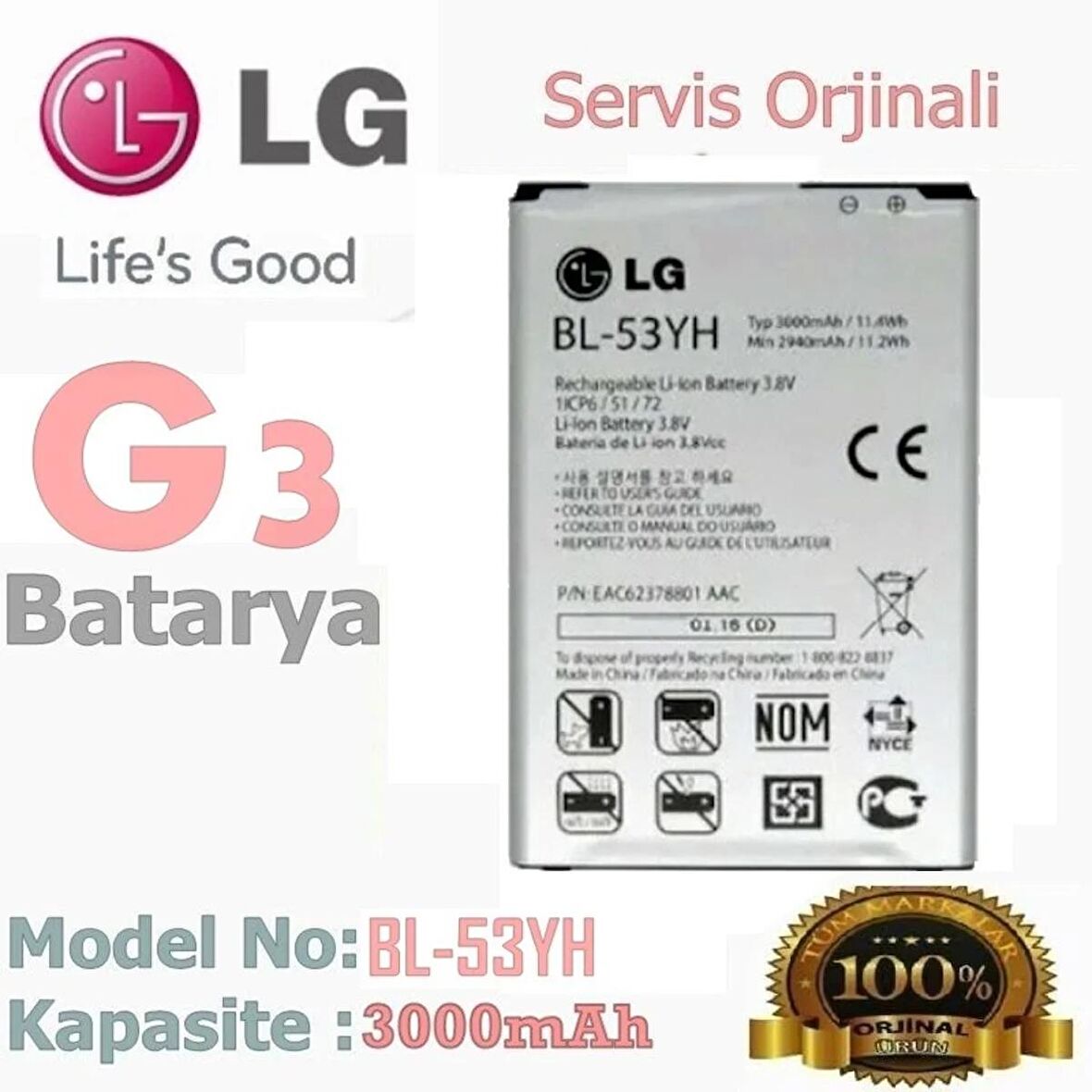 LG G3 Batarya LG BL-53YH Uyumlu Yedek Batarya