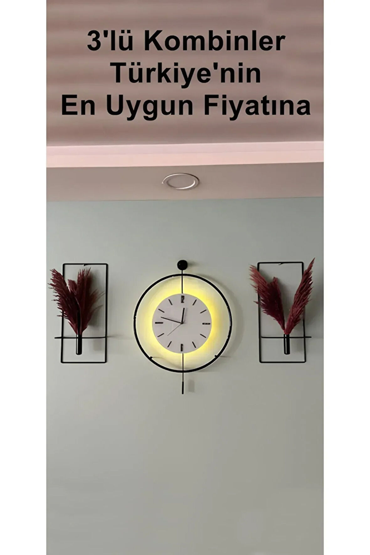 3lü Black Fred Ledli Elegante Set-büyük Boy (50X75CM)- Modern Dekoratif Metal Duvar Saati