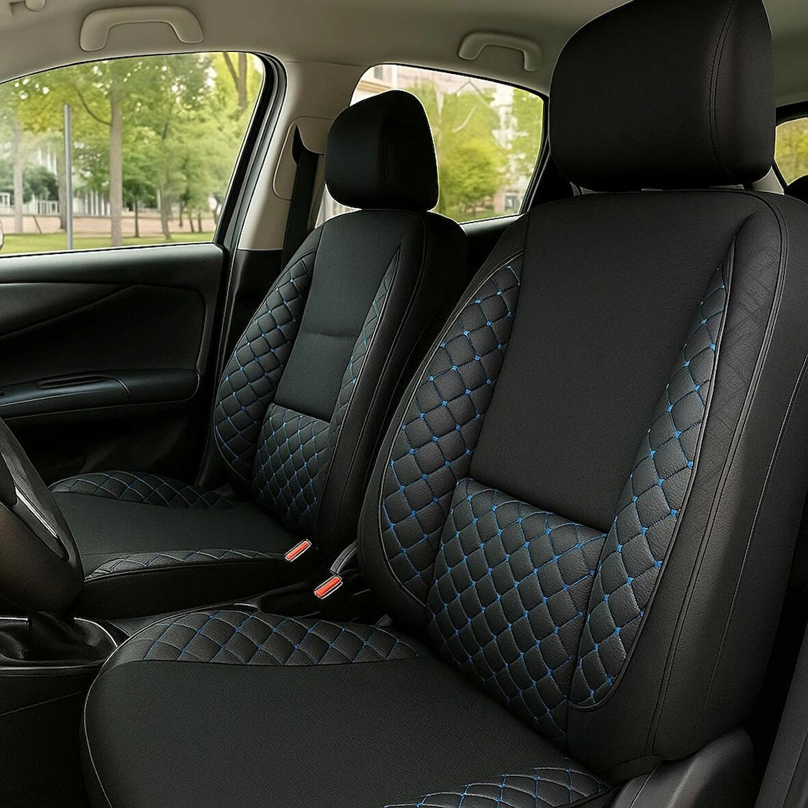 Siyah Mavi Nakışlı Oto Koltuk Kılıfı Takımı – Lüx ve Ortopedik, Bel ve Kanat Destekli