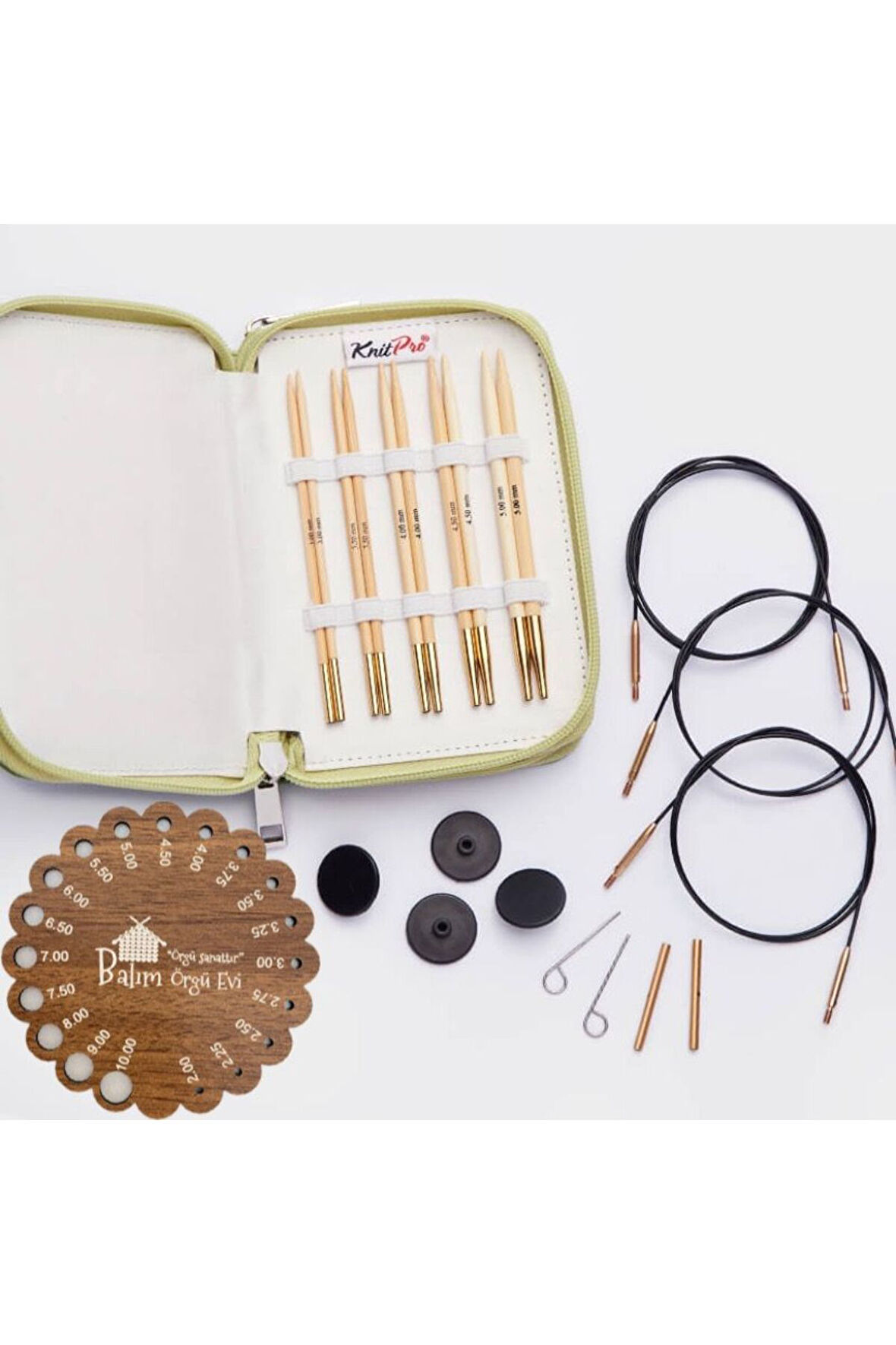 Knitpro Japan Bamboo Değiştirilebilir Misinalı Başlangıç Şiş Seti + Balım Örgü Evi Şiş Ölçer