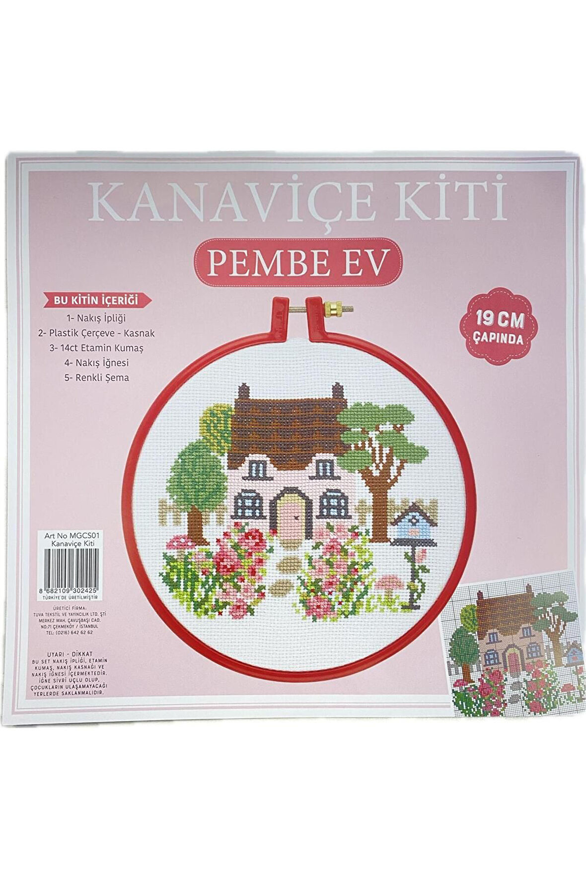 Kanaviçe Nakış Kiti Pembe Ev 19 Cm Kırmızı Kasnak Tüm Malzemeleri İle